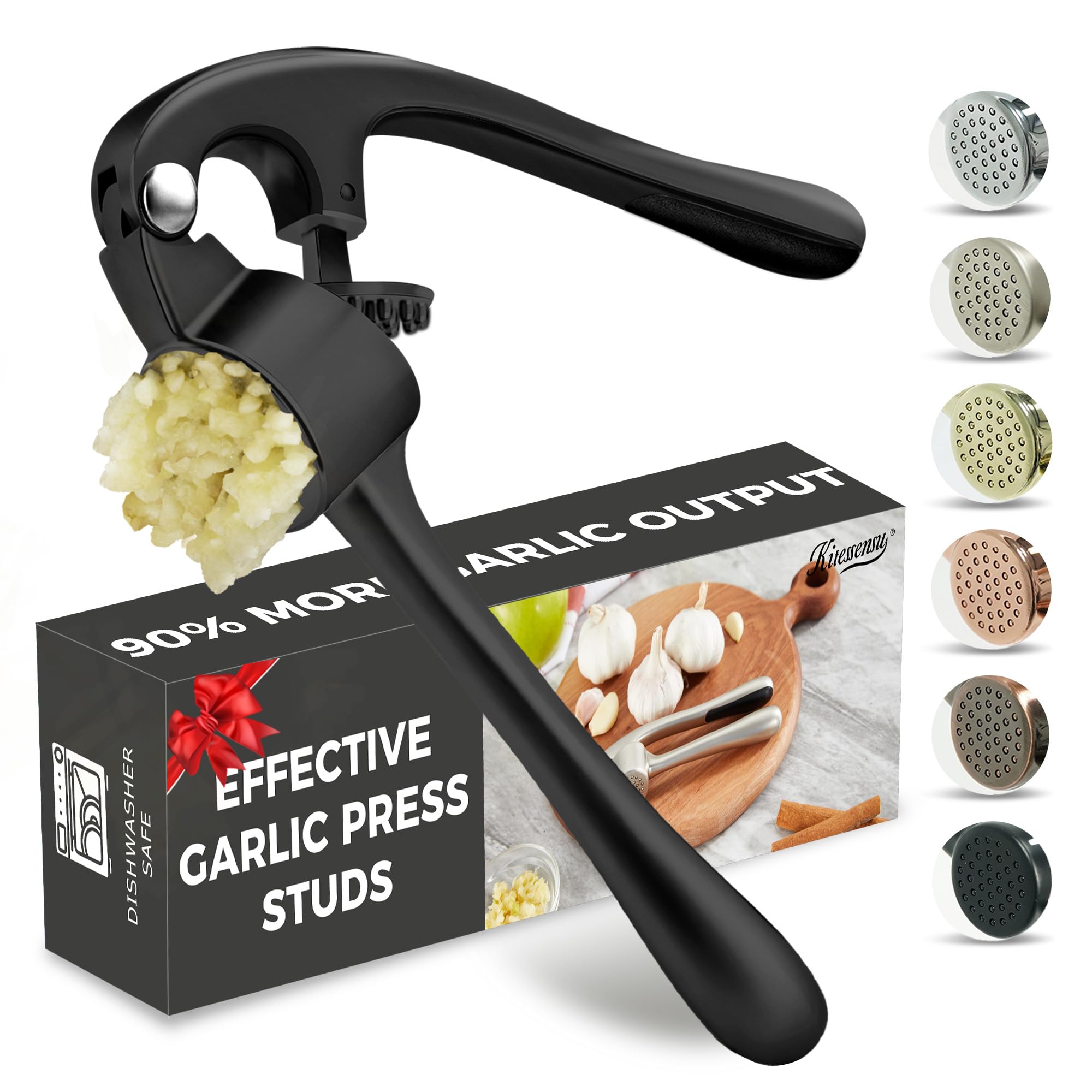 Kitessensu High Effective Garlic Press With Studs, Heavy Duty Garlic Mincer, Easy to Squeeze and Clean, Rust Proof & Dishwasher Safe, Ginger Crusher- Imperial Silver