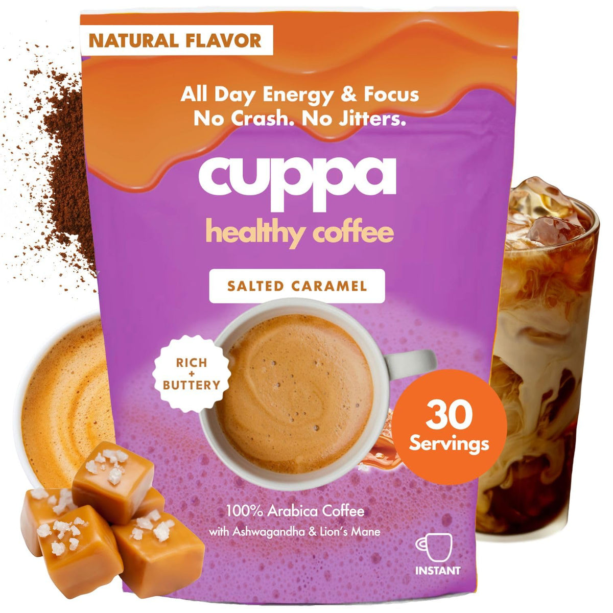 Cuppa Medium Roast Mushroom Coffee with Adaptogens & Superfoods - Lion’s Mane, Ashwagandha & Cordyceps. Adaptogens + MCT to support natural energy, mental focus & gut health (30 Servings)