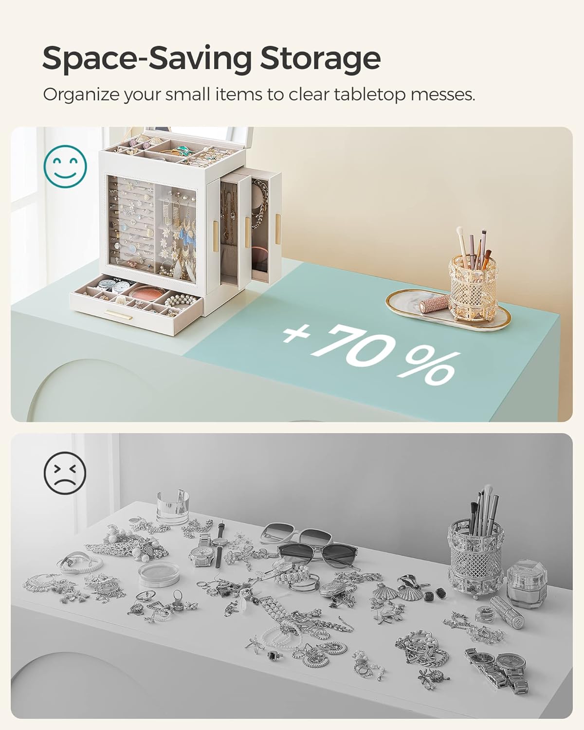 SONGMICS Jewelry Box with Glass Window, 5-Layer Jewelry Organizer with 3 Side Drawers, Jewelry Storage, with Big Mirror, Modern, 6.1 x 10.3 x 12.6 Inches, Cloud White and Metallic Gold UJBC162W01