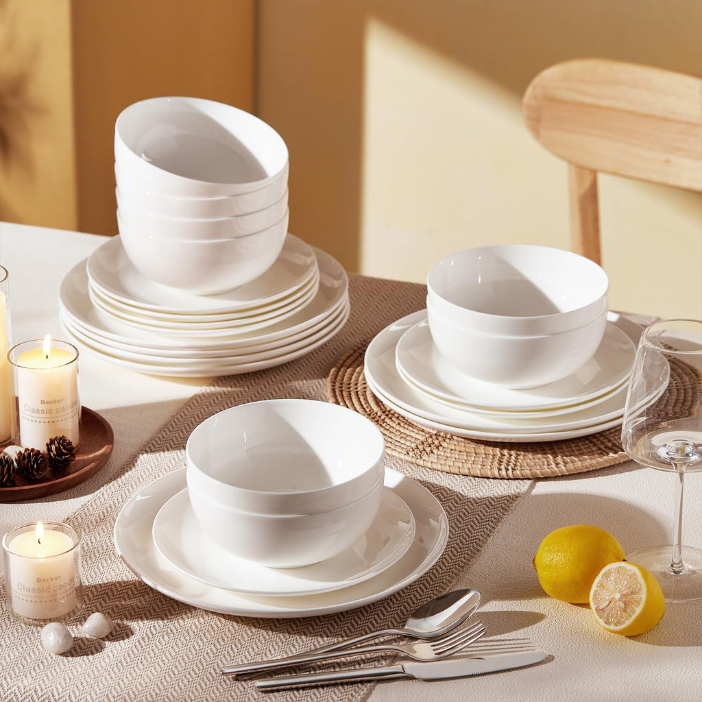 KINGSTONE 12-Piece Bone China Dinnerware Set for 4, Lightweight and Durable, Microwave and Dishwasher Safe, White Plates and Bowls for Everyday Use
