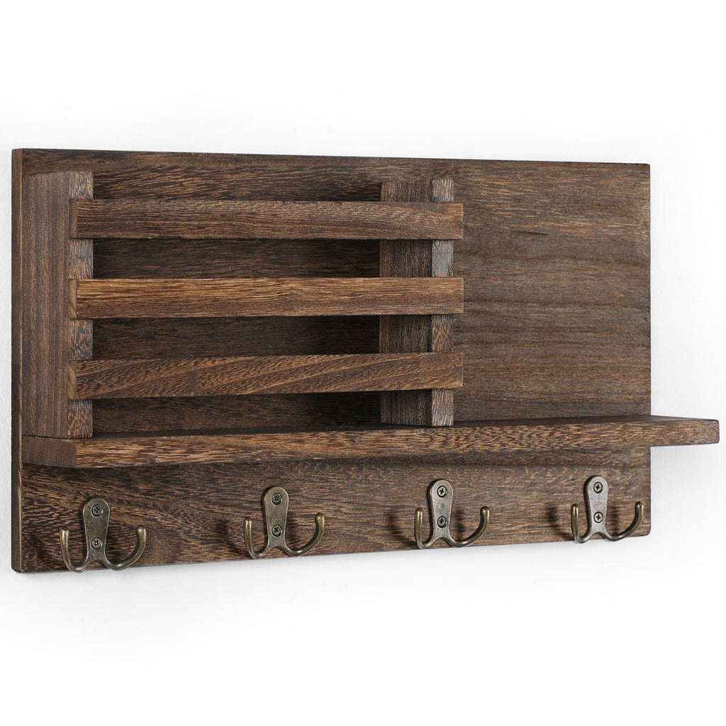 Key & Mail Holder for Wall - Rustic Natural Paulownia Wood, 4 Double-Hook Hangers - Wall Mounted Organizer for Decor, Bags, Accessories - Hardware & Manual Included (Brown)