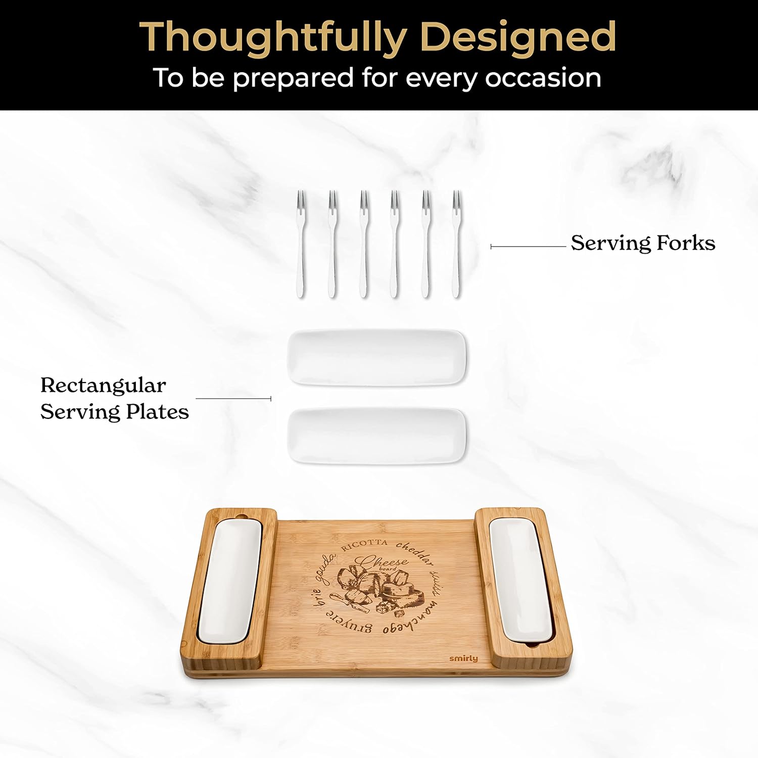SMIRLY Charcuterie Board Set: Bamboo Rectangular Rustic Brown Cheese Board with Charcuterie Accessories & Round Fruit Tray - Perfect for Entertaining, Gifting, and Serving