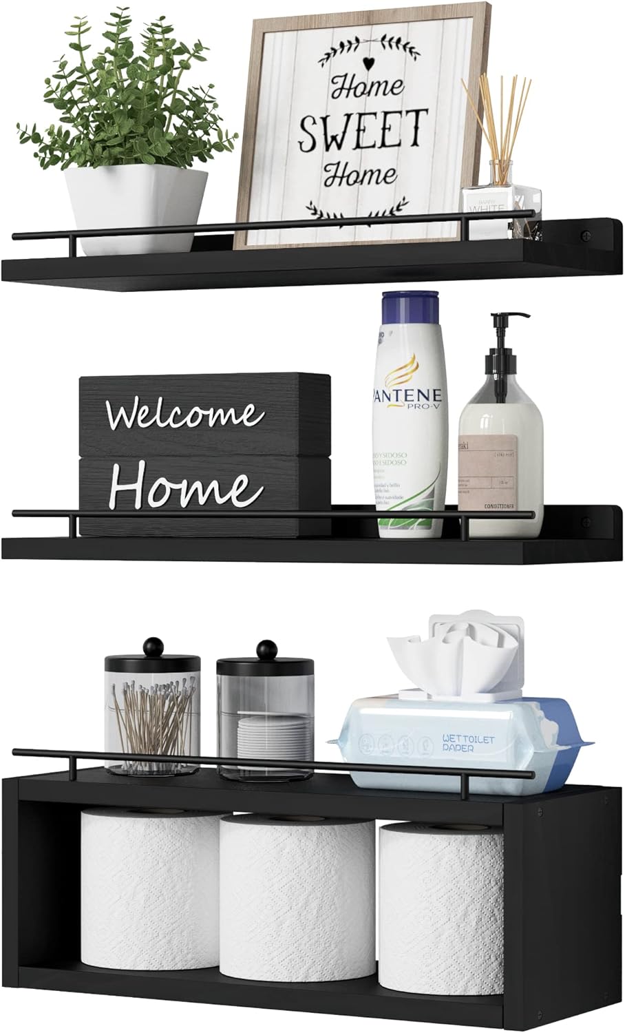 WOPITUES Wood Floating Shelves Set of 6, Farmhouse Style, Floating Shelves for Wall Decor, Bathroom/Bedroom Storage, Heavy Duty, Rust Proof