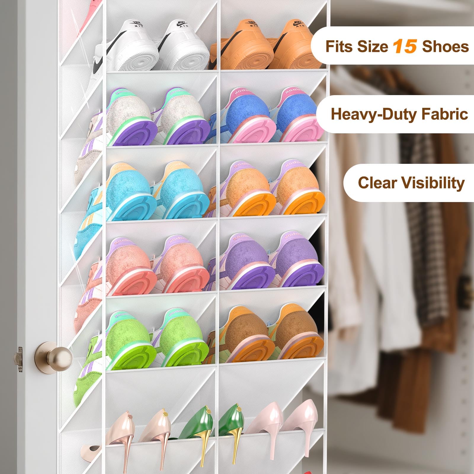 UVIAHOMI 20-30 Pairs Over the Door Shoe Organizer, Clear Pockets Hanging Shoe Storage for Closet, 10-Tier Door Shoes Rack, Handing Shoes Holder Fit All the Family's Sneakers, Boots, Heels, Black