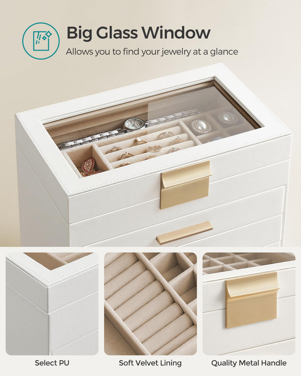 SONGMICS GISELLA Collection - Jewelry Box Organizer, 3-Layer Jewelry Storage with 2 Drawers, Shiny Metal Hardware, Glass Lid, Modern, 8 x 9.1 x 5.3 Inches, Cloud White and Gold Color UJBC239WT