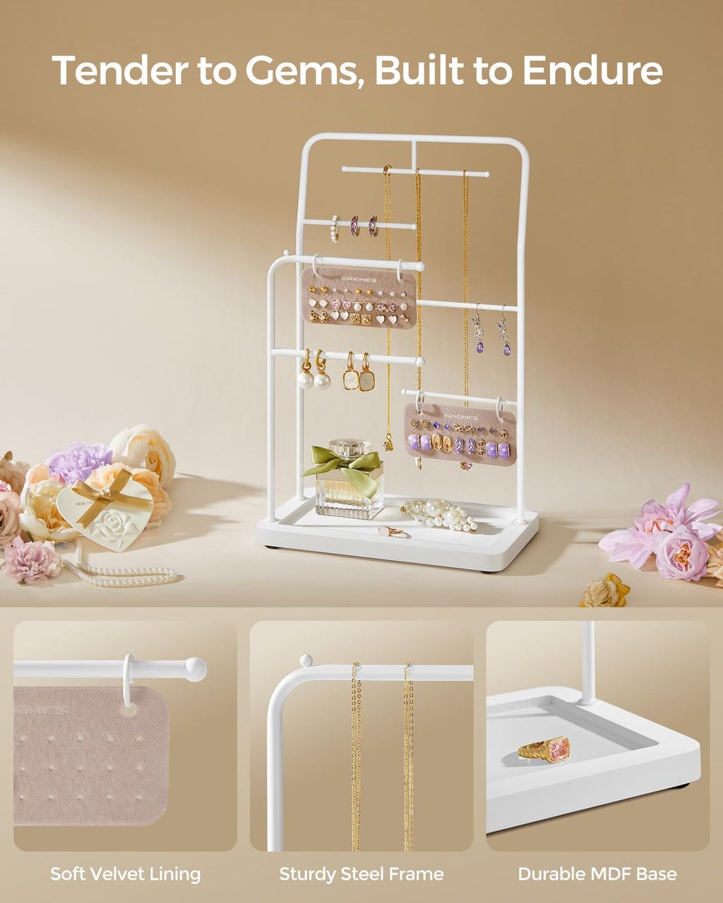 SONGMICS Jewelry Stand, Jewelry Organizer, Jewelry Display Holder with Metal Frame, 2 Earring Boards, 6 Hanging Rods, Necklace Earring Bracelet Holder, for Rings, Cloud White UJJS024W01