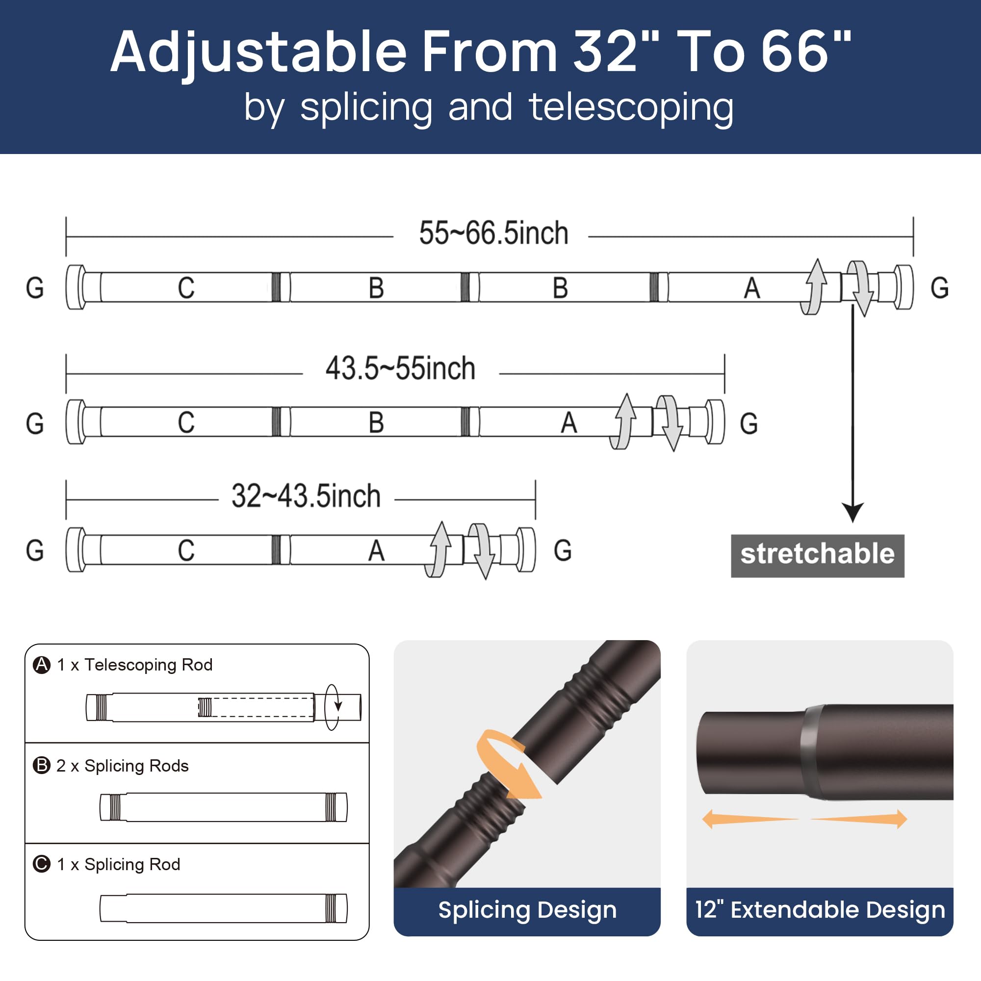 ENJOYBASICS 2 Pack Adjustable Spring Tension Curtain Rods 32 to 66 Inches, Stainless Steel Matte Black Shower Rod No Drilling for Window, Bathroom, Closet, Room Divider, 7/8" Diameter