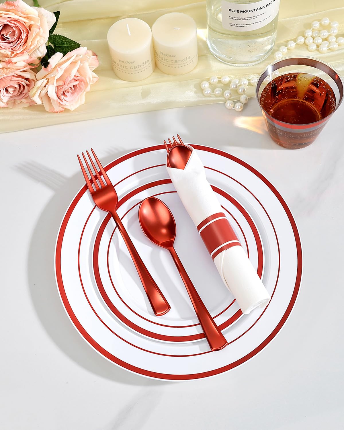 Goodluck 350 Piece Silver Plastic Dinnerware Set for 50 Guests, Fancy Disposable Plates for Party, Include: 50 Dinner Plates, 50 Dessert Plates, 50 Pre Rolled Napkins with Silver Silverware, 50 Cups