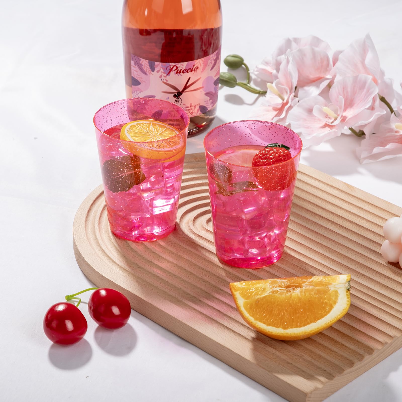 DaYammi 100 Pack 10oz Pink Plastic Cups for Party Premium Glitter Disposable Plastic Cup for Martini and Cocktail, Hard Pink Disposable Cups for Wedding,pink cups for Mother's Day Party
