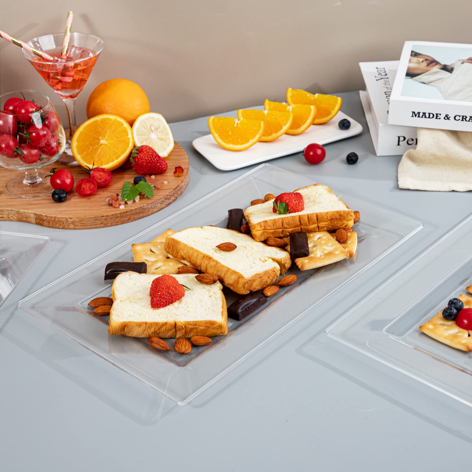 DaYammi 12 Pack Plastic Serving Trays, Heavy Duty Clear Plastic Serving Platters 13”×8” Rectangle Disposable Serving Platters and Trays for Parties, Wedding, Birthday, Dessert Table, Cupcake