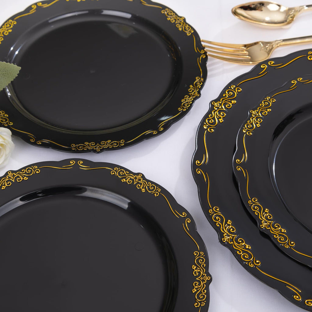 DaYammi 150Pcs Ivory Plastic Plates with Gold Rim,Disposable Plastic Plates Include 30 Dinner Plate,30 Salad Plate,30 Forks,30 Spoons,30 Knives,Ivory and Gold Plates for Party,Wedding,Mother's Day