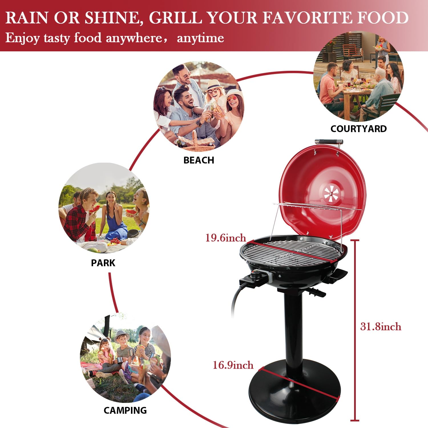 Electric Grill, Techwood Indoor/Outdoor Electric BBQ Grill, 1600W Portable Removable Stand Grill with Adjustable Heat & Drip Tray, Double Layer Design for Party, Patio & Backyard (Black)