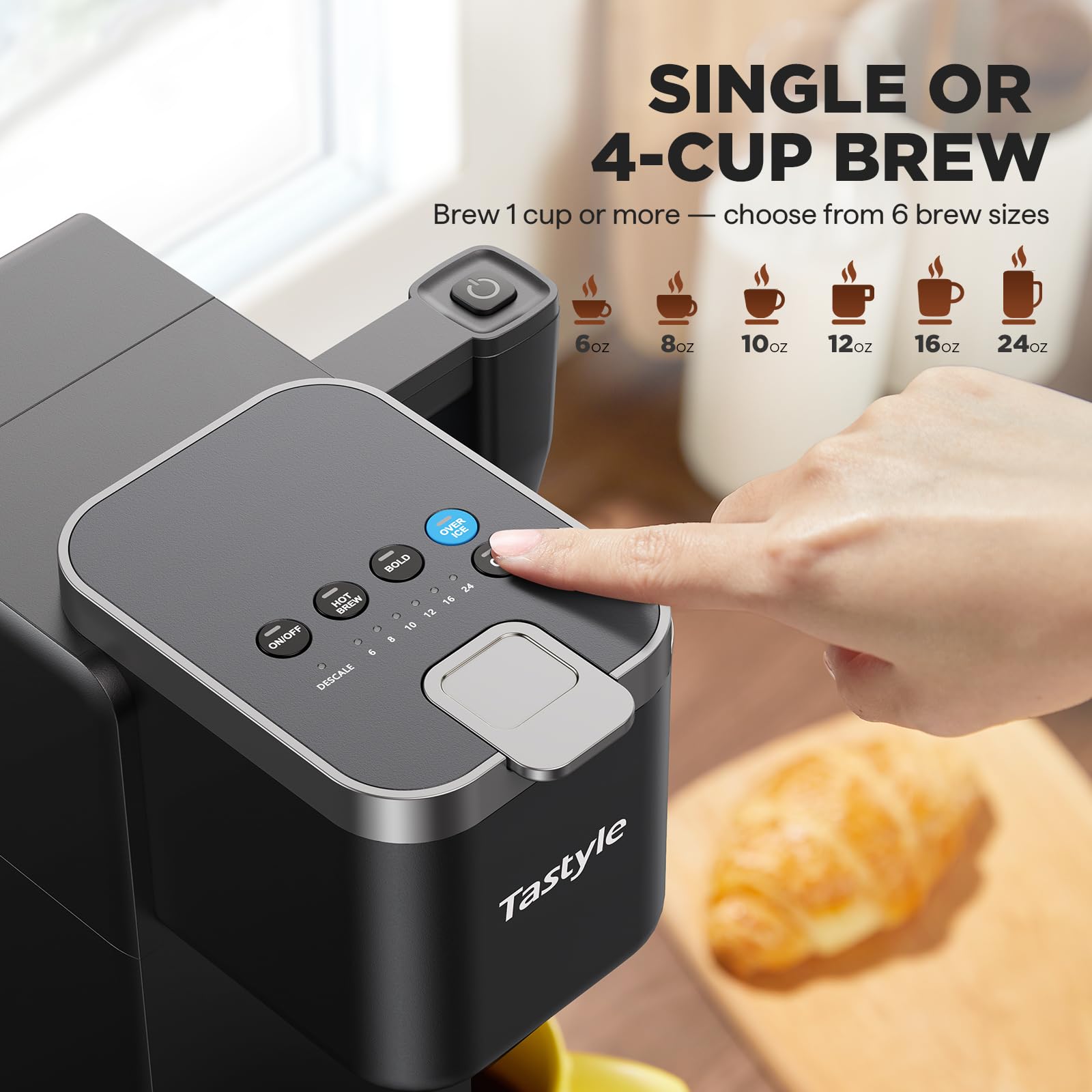 Tastyle 330MF Single Serve Coffee Maker with Built-in Detachable Milk Frother, Iced and Hot Coffee Machine for K Cup & Grounds, 40oz Removable Water Reservoir, 6 Cup Sizes, Fits 7.3" Travel Mug, Black