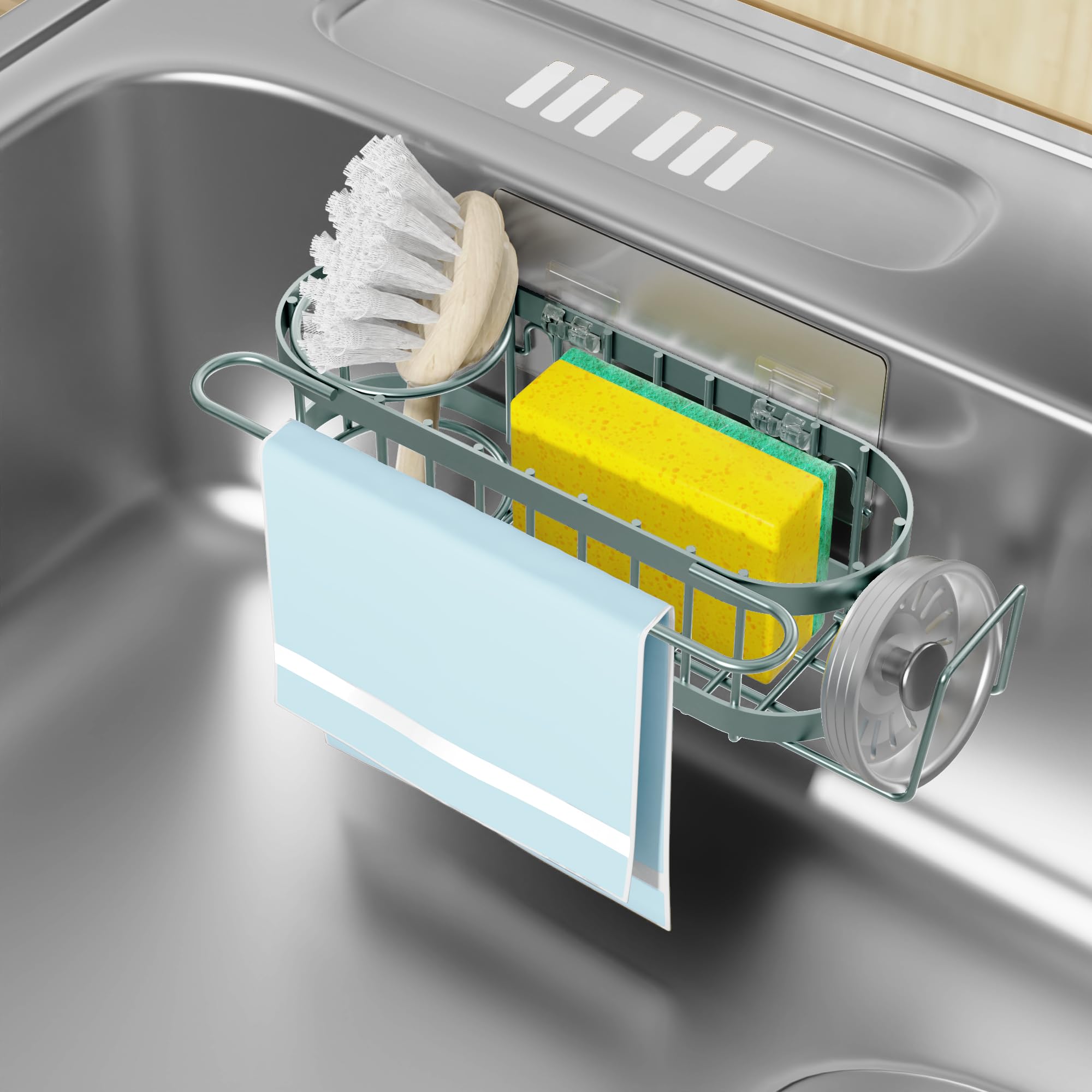 Cisily Organizador de Fregadero de Cocina con Soporte para Esponja en el Fregadero, Organizador de Fregadero de Cocina de Acero Inoxidable, Soporte para Cepillo, Percha para Paños de Platos, Soporte