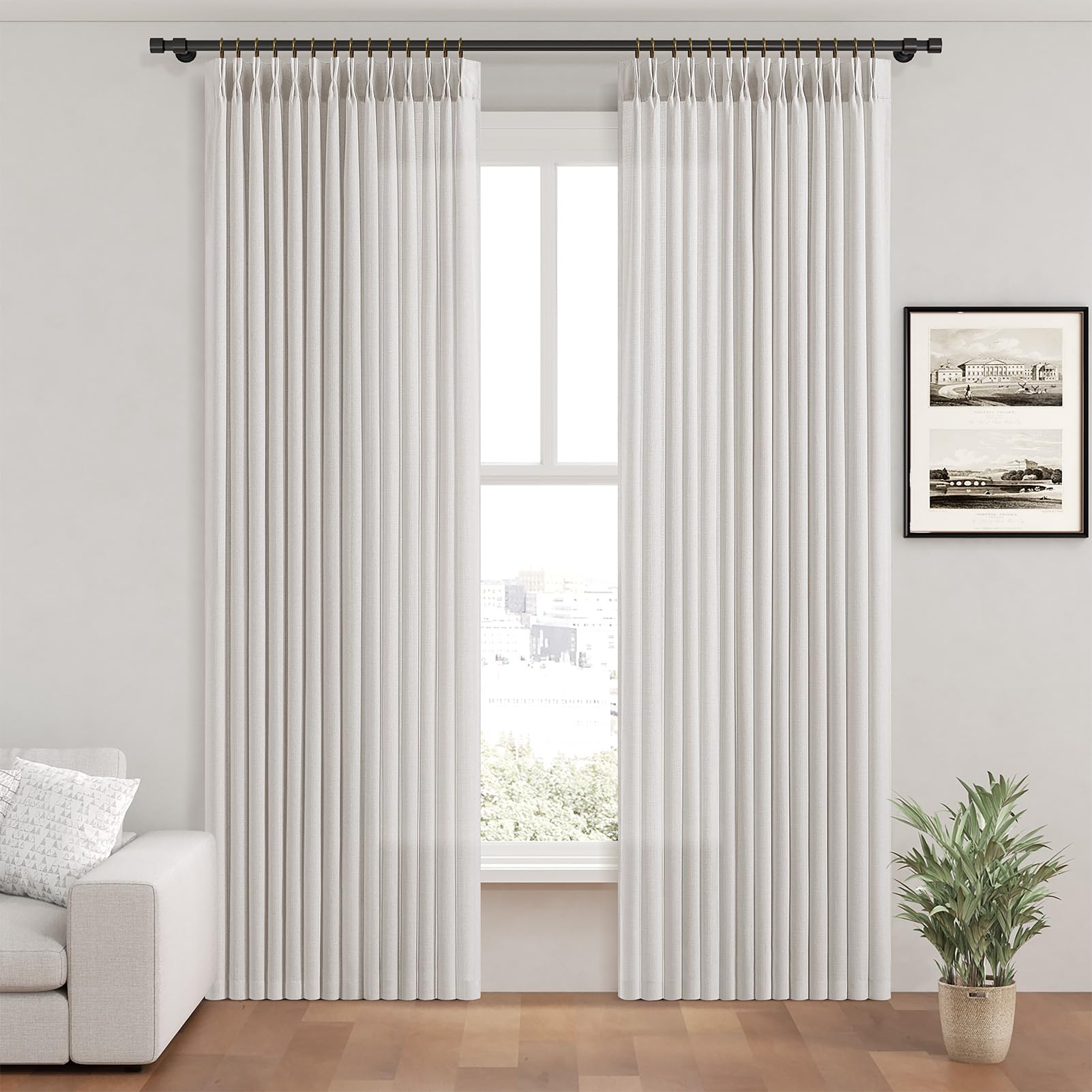 Pinch Pleated Linen Curtains 96 Inches Extra Long Olive Green Drapes, Thick Linen Light Filtering Memory Trained Pleat Curtain for Living Room and Bedroom Privacy 2 Panels Texture with Back Tab