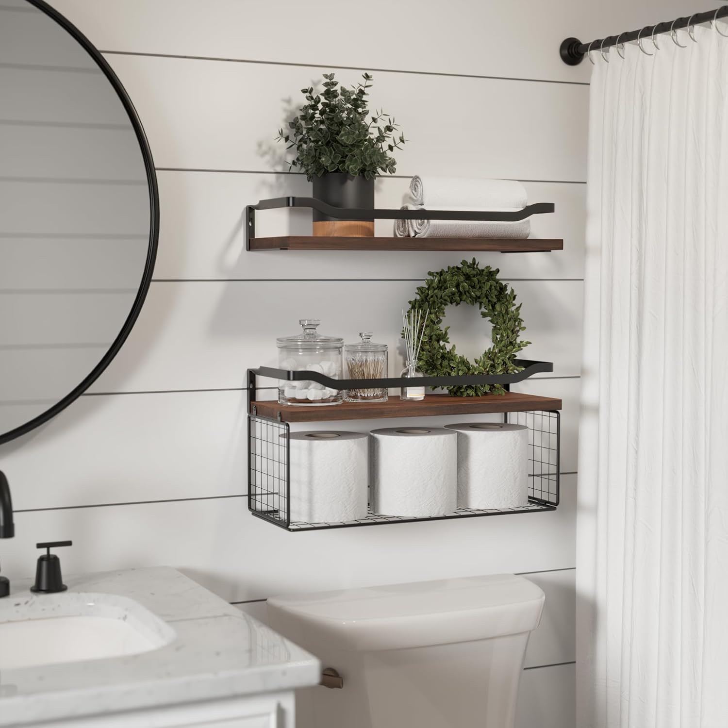 WOPITUES Floating Shelves with Wire Storage Basket, Bathroom Shelves Over Toilet with Protective Metal Guardrail, Wood Wall Shelves for Bathroom, Bedroom, Living Room, Toilet Paper- Dark Brown