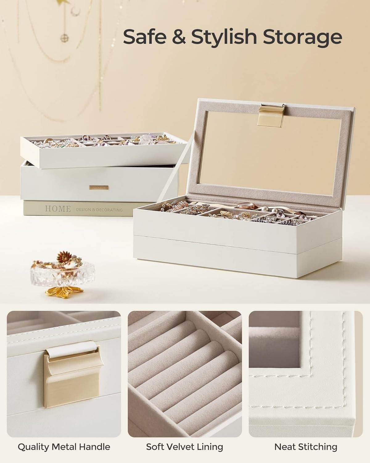 SONGMICS Stackable Jewelry Trays, 4-Tier Jewelry Box, Drawer Jewelry Organizer, with Glass Lid, Removable Dividers, for Vanity Table, 6.7 x 11 x 7.2 Inches, Gift Idea, Cloud White UJBC164W01