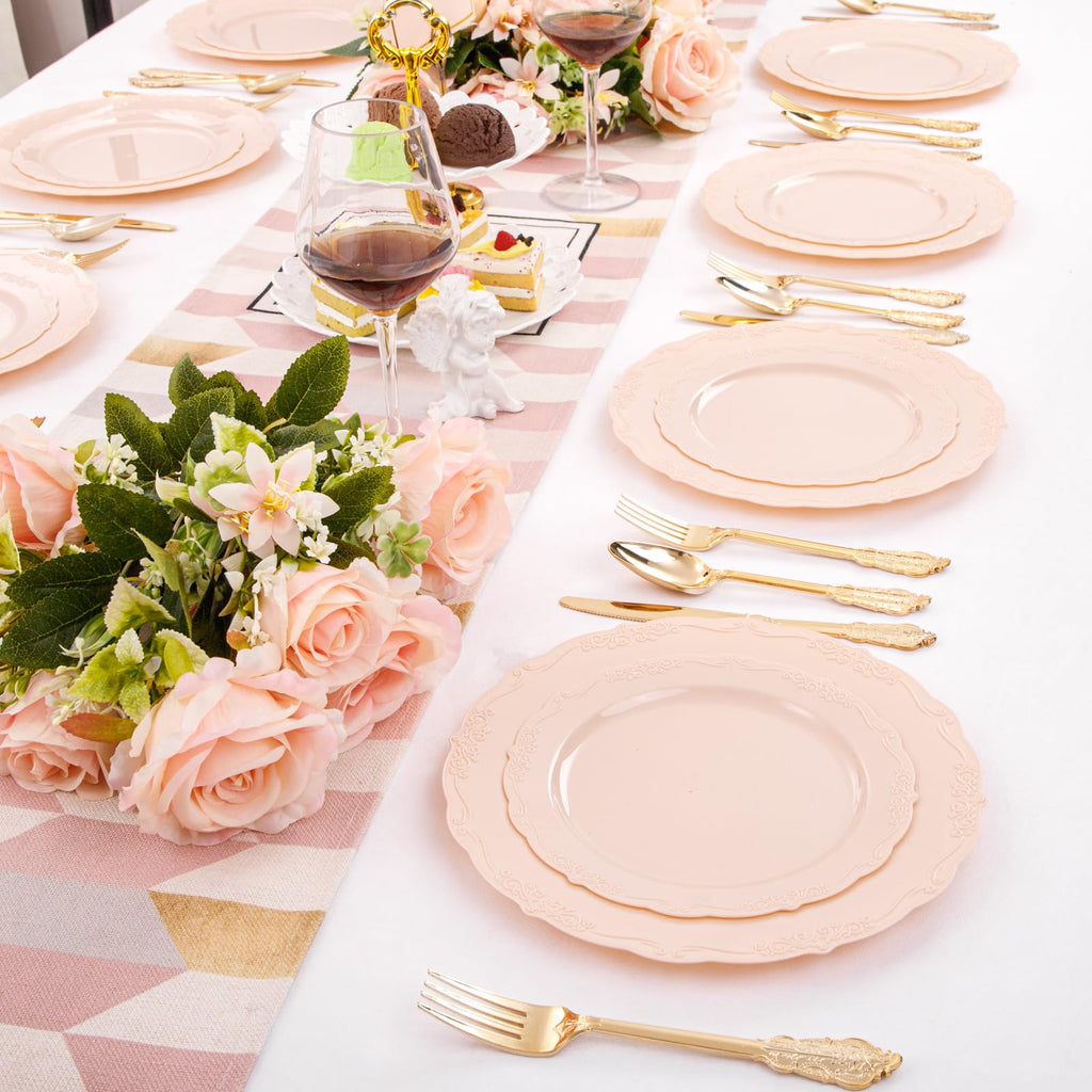 DaYammi 150Pcs Ivory Plastic Plates with Gold Rim,Disposable Plastic Plates Include 30 Dinner Plate,30 Salad Plate,30 Forks,30 Spoons,30 Knives,Ivory and Gold Plates for Party,Wedding,Mother's Day