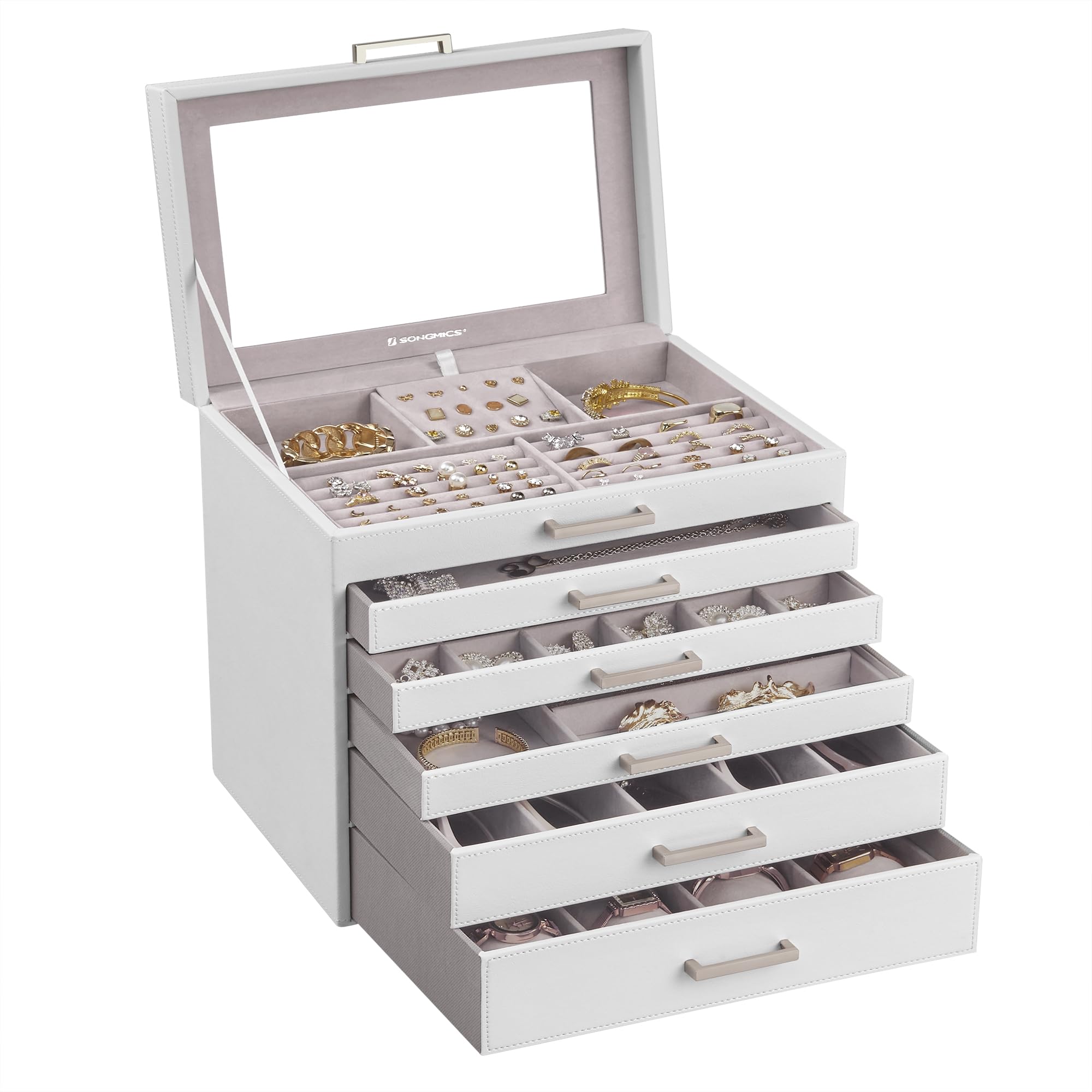 SONGMICS 3-Tier Jewelry Box, Travel Jewelry Case with Handle, 2 Drawers, Lockable Jewelry Organizer with Mirror, Jewelry Storage, Modern Style, Gift for Loved Ones, White UJBC154W01