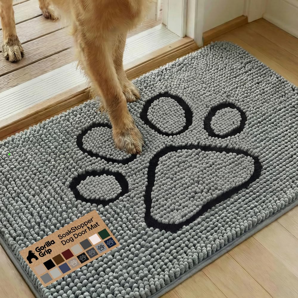GORILLA GRIP SoakSTOPPER Dog Door Mat, Machine Washable Rug Absorbent Doormat Captures Moisture Mud Dirt, Quick Dry Soft Chenille Entryway Rugs Indoor Entrance Mats for Dog Paws, 24x17 Grey