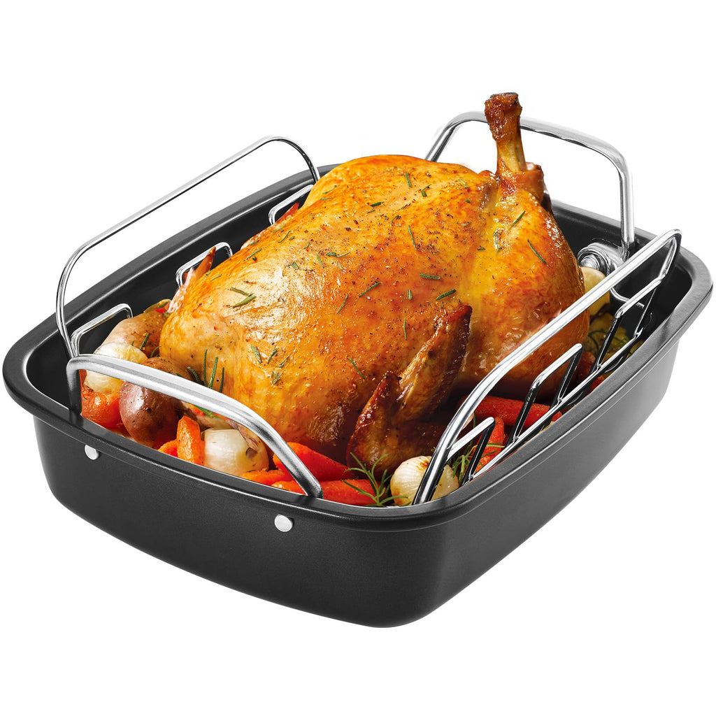 KITESSENSU Large Roasting Pan with Rack - 25 LB Nonstick Turkey Roaster Pan for Oven - Heavy Duty Carbon Steel Roasting Pan with Wider Handles for Chicken, Vegetables & Holiday Meals, Cream