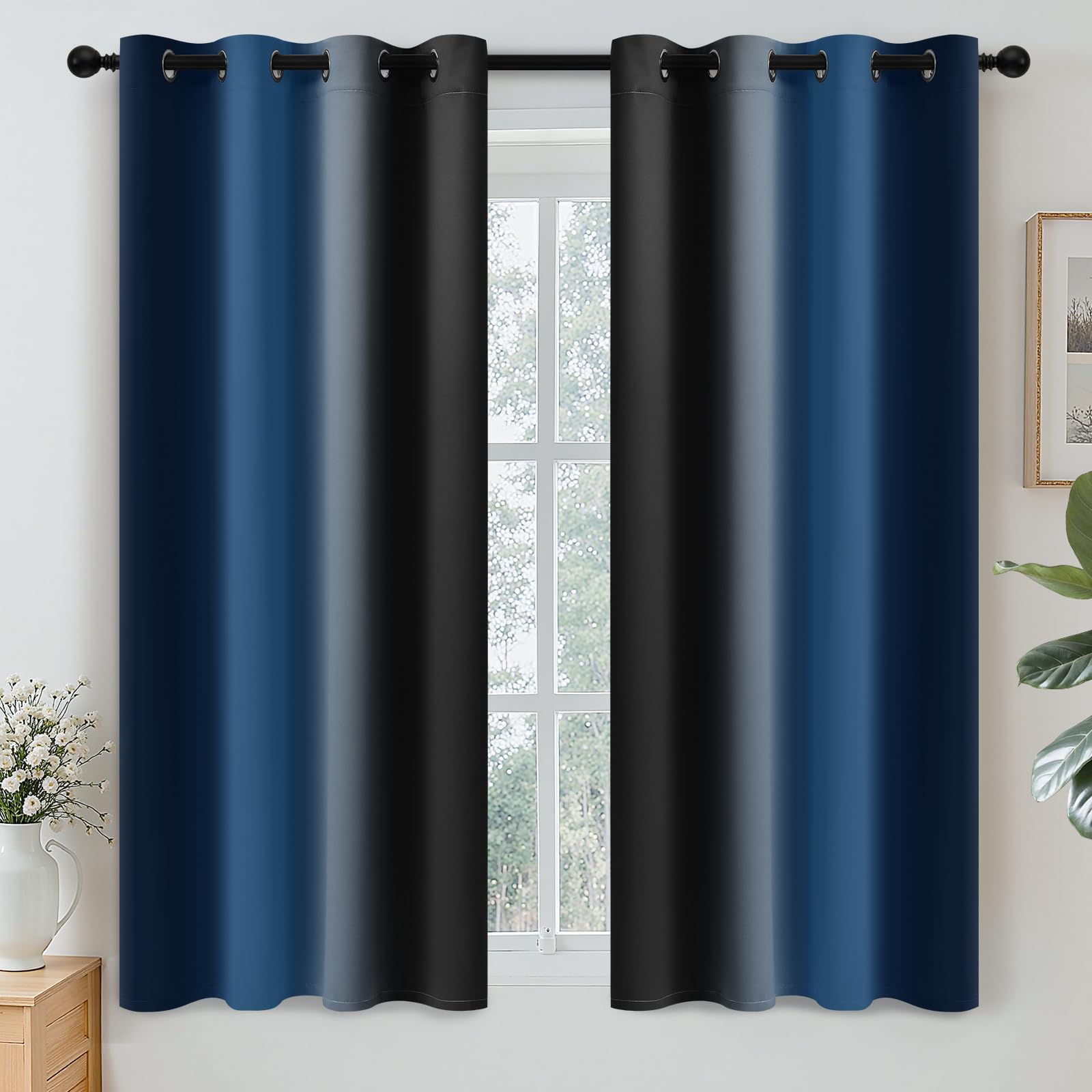 Yakamok Blue and Greyish White Ombre Curtains, Room Darkening Gradient Color Curtains for Bedroom, Light Blocking Thermal Insulated Window Drapes for Living Room(2 Panels, 52x84 Inch)
