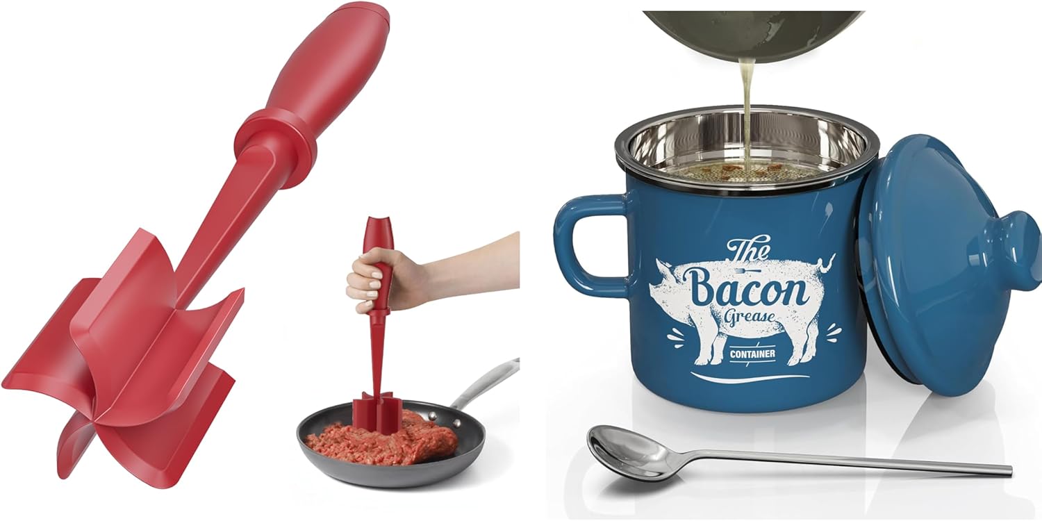 Red Meat Chopper and Blue Mini 15OZ Bacon Grease Container
