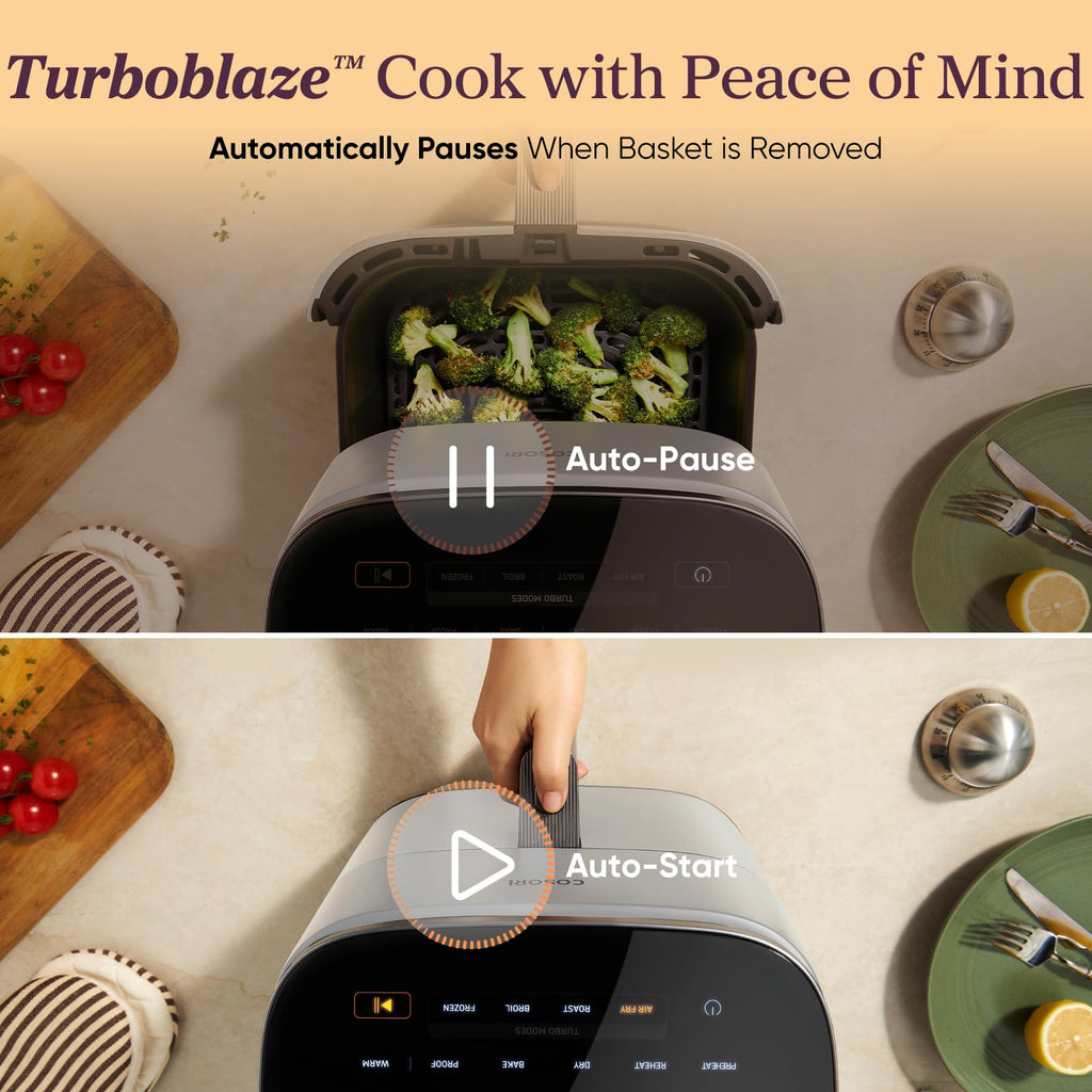 Cosori 9-in-1 TurboBlaze Air Fryer 6 Qt, PFAS-Free Ceramic Coating, 90°–450°F, Precise Heating for Even Results, Air Fry, Roast, Bake, Broil, Dry, Frozen, Proof, Reheat, Keep Warm, 120V, Dark Gray