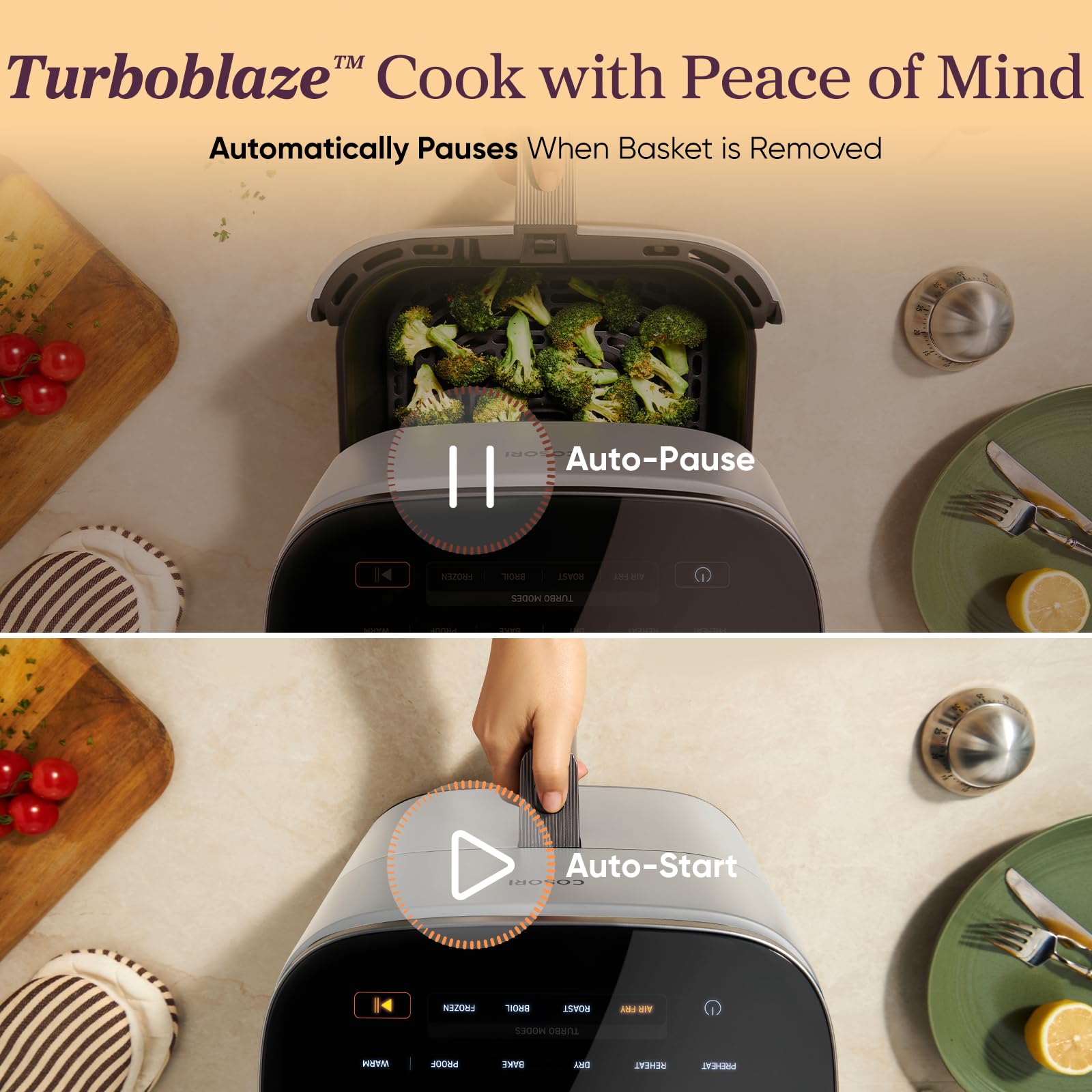 Cosori 9-in-1 TurboBlaze Air Fryer 6 Qt, PFAS-Free Ceramic Coating, 90°–450°F, Precise Heating for Even Results, Air Fry, Roast, Bake, Broil, Dry, Frozen, Proof, Reheat, Keep Warm, 120V, Dark Gray