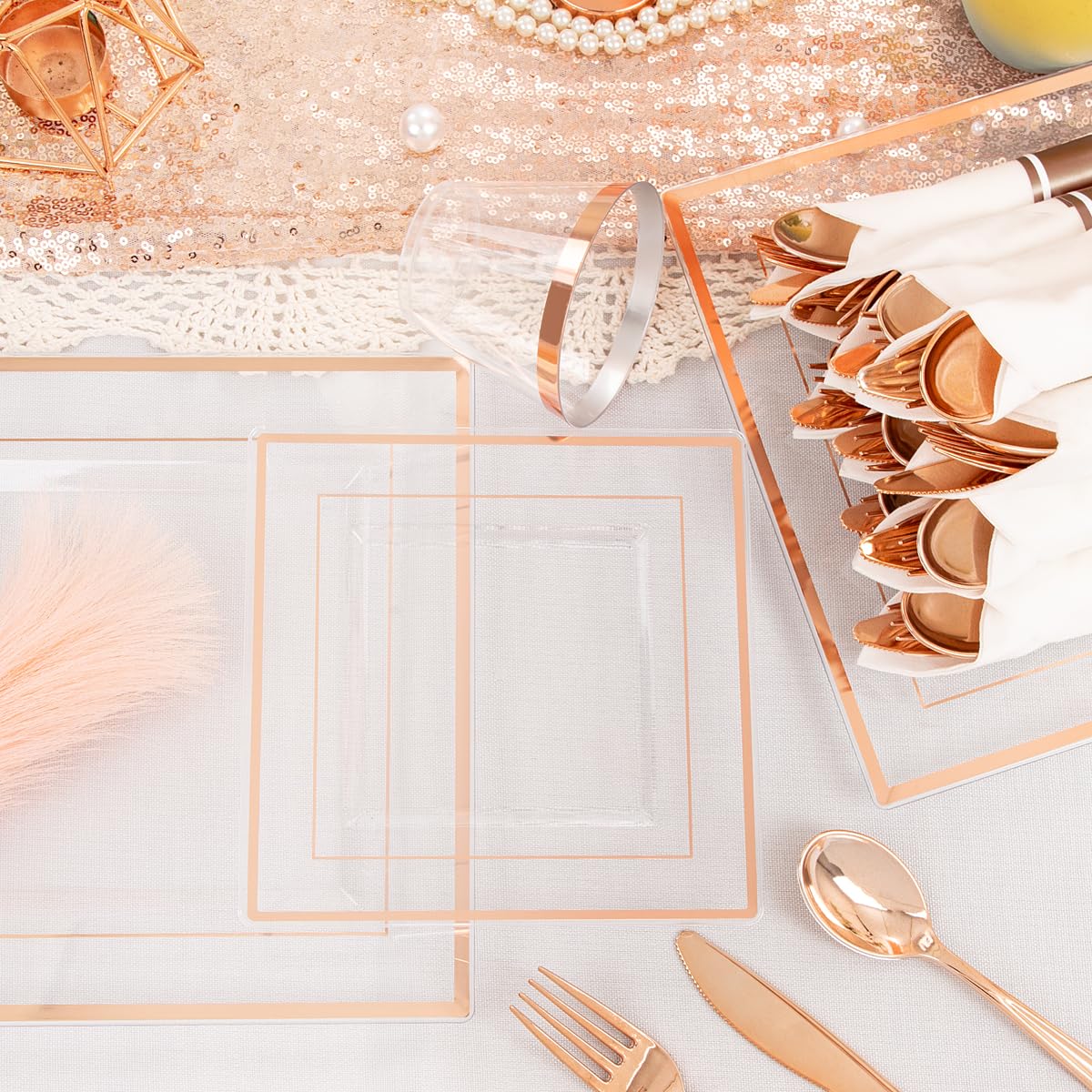 DaYammi 210Pcs White Gold Plastic Plates for Party,Gold Disposable Dinnerware Set Includes 60 gold Floral Plates,30 Plastic Silverware,30 Per Rolled Napkins,30 Cups for Mother's Day Party Wedding