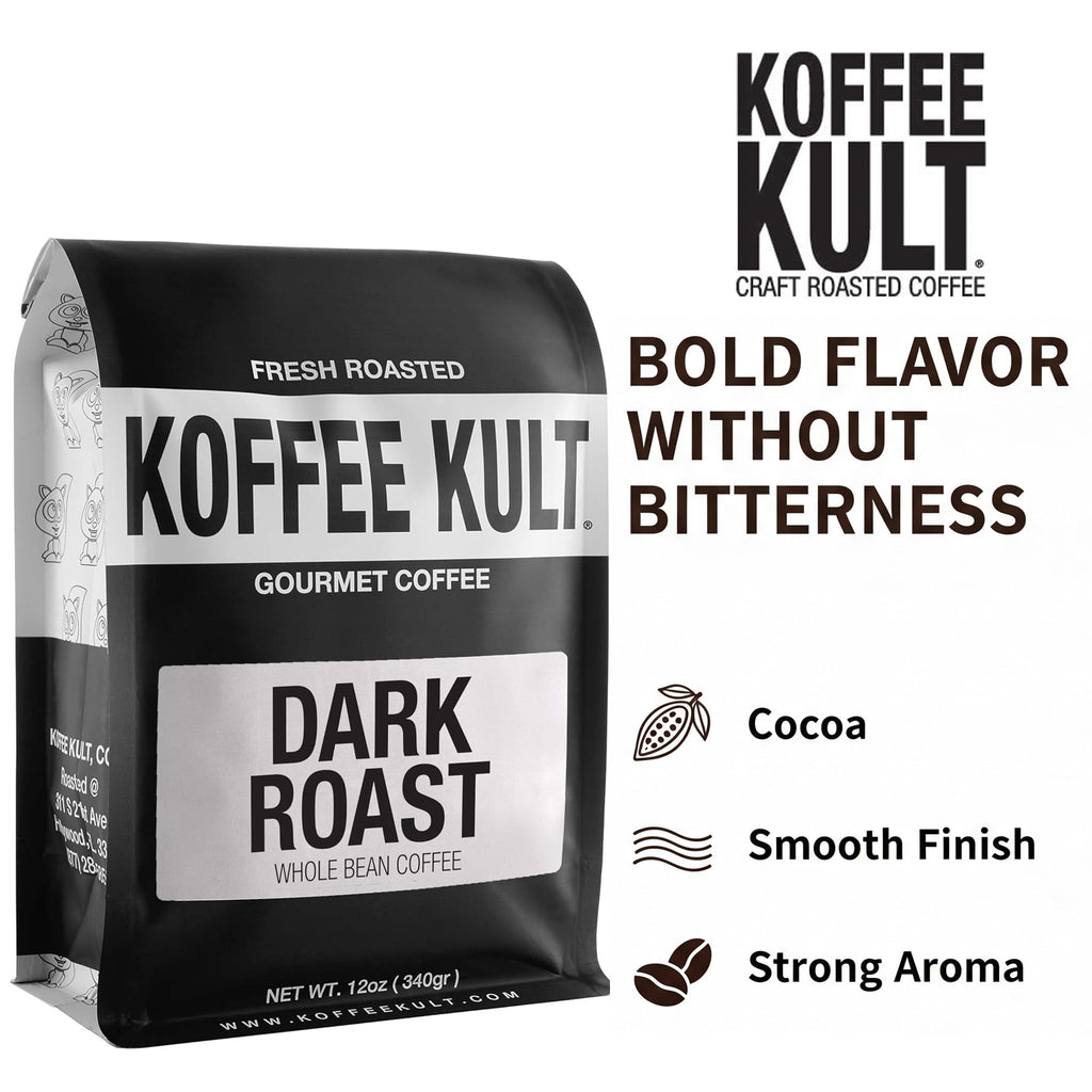 Koffee Kult Dark Roast Whole Bean Coffee - Small Batch 100% Arabica Gourmet Blend, Smooth and Well Balanced Artisan Roasted in 32oz Resealable Package