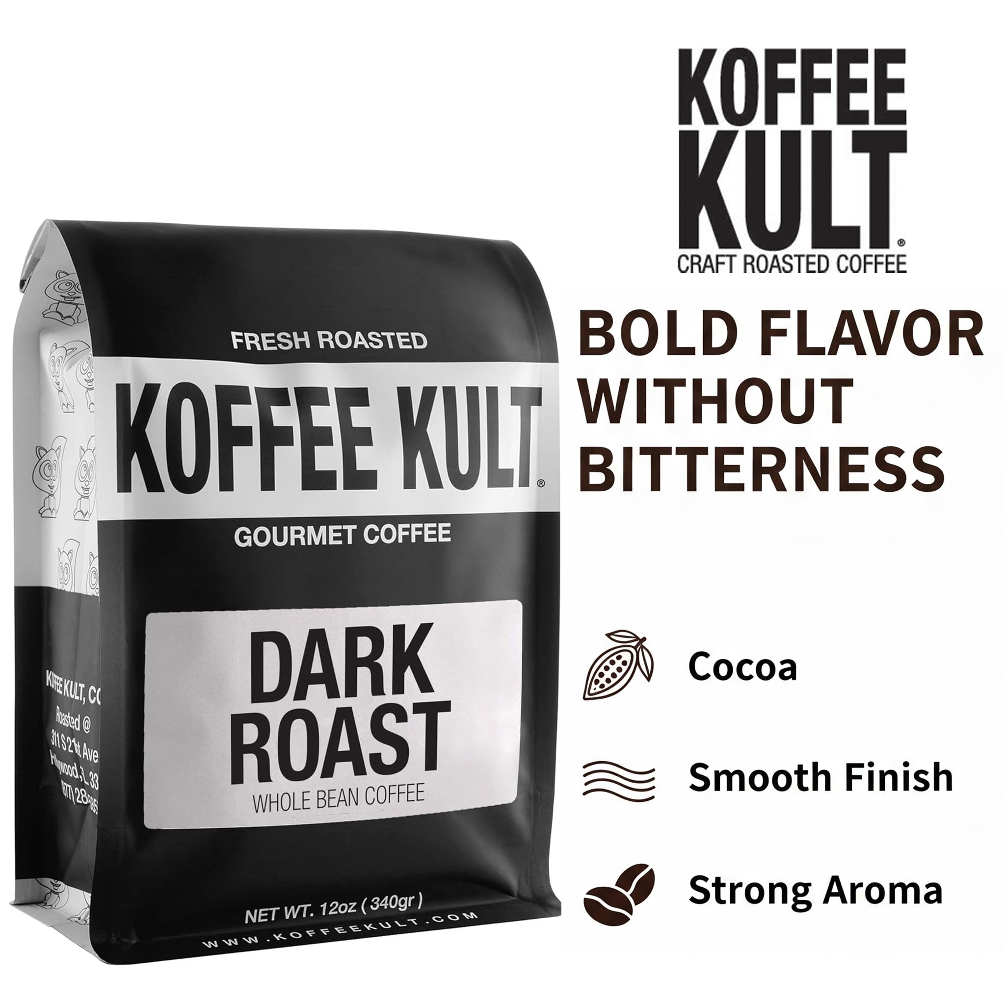 Koffee Kult Dark Roast Whole Bean Coffee - Small Batch 100% Arabica Gourmet Blend, Smooth and Well Balanced Artisan Roasted in 32oz Resealable Package