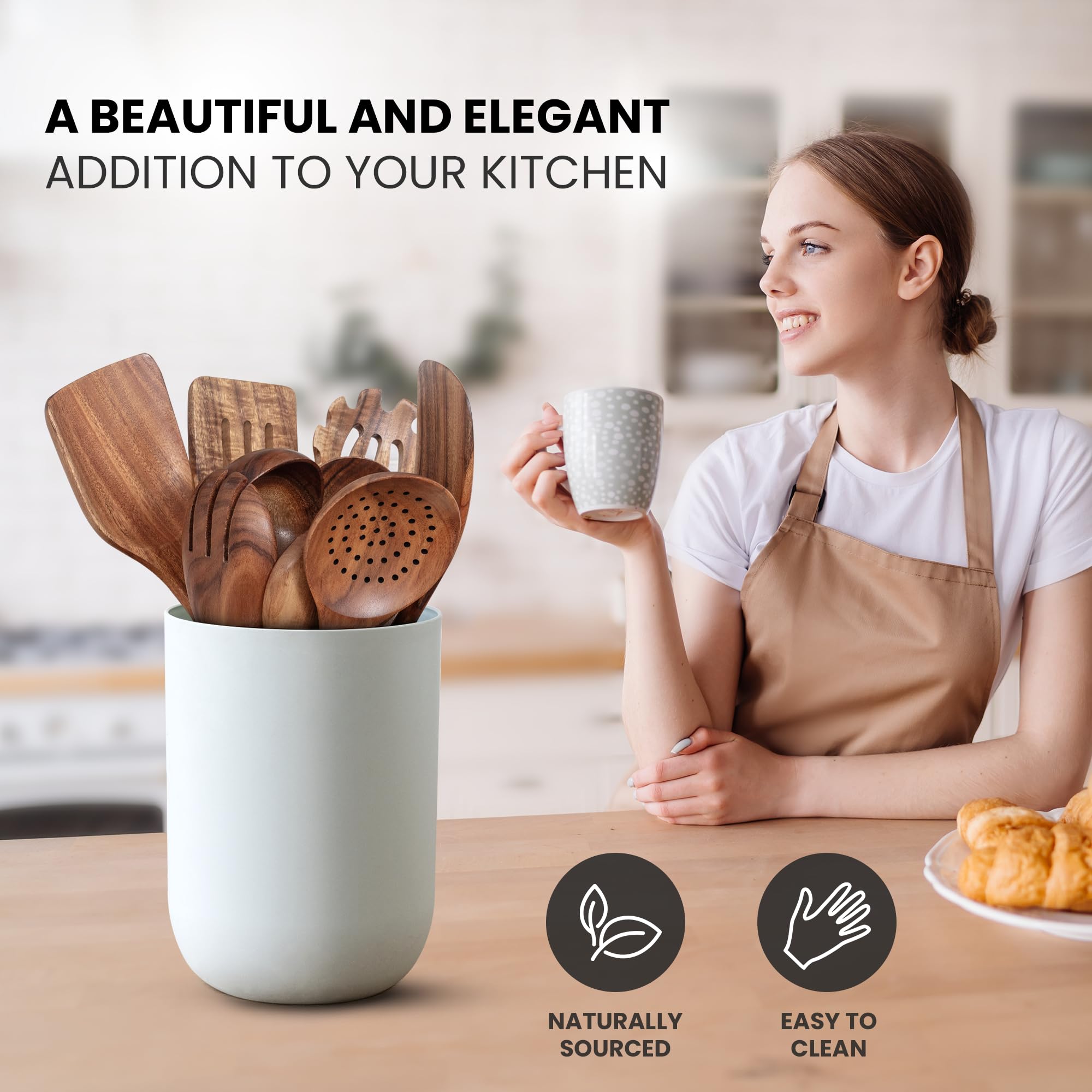 Zulay Kitchen 6 Piece Wooden Spoons for Cooking – Natural Teak Wooden Utensil Set, Easy to Clean, Durable, Smooth with Comfort Grip - Non Toxic Wooden Cooking Utensil Sets
