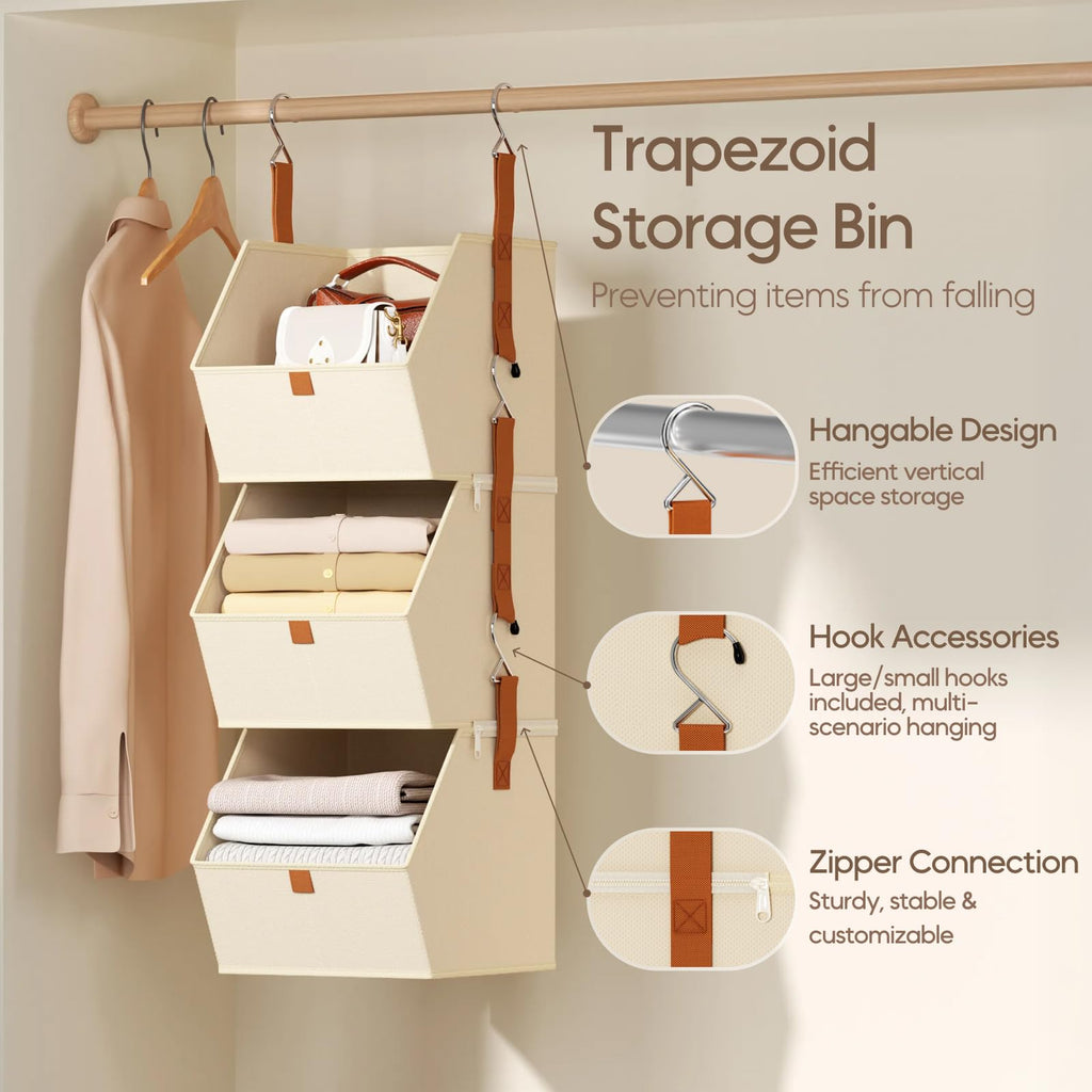 Homsorout Hanging Closet Organizer 4 Tier - Clothes Hanging Shelves, Space-Saving Closet System, Fabric Storage Bins Bedroom Organization, Collapsible Baskets for Home, Dorm, Rv, Beige