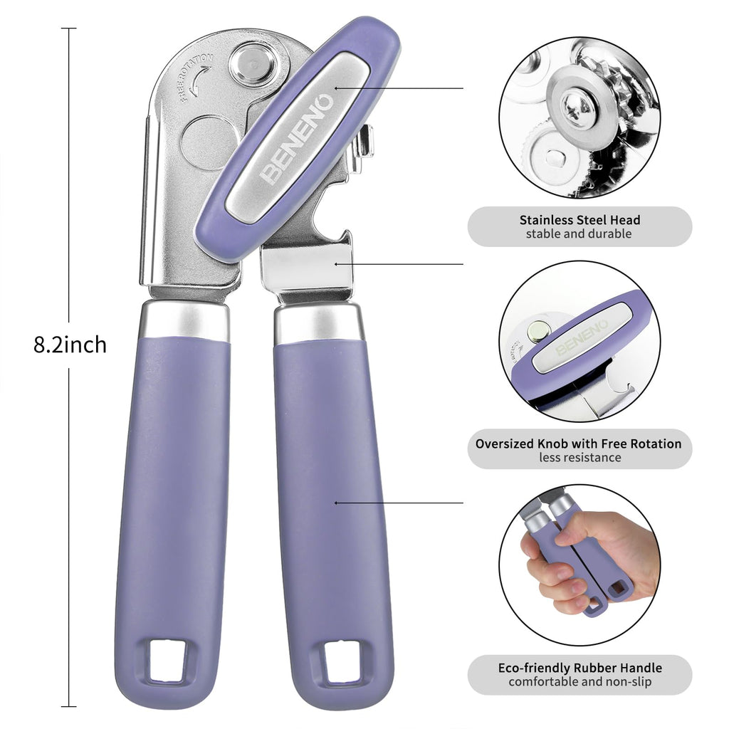 Beneno Heavy Duty Hand Can Opener Manual with Magnet, Durable Sharp Carbon Steel Blade Smooth Cutting, Big Effort-Saving Knob & Soft Grip Handle, Multifunctional Kitchen Tool with Bottle Opener, Green