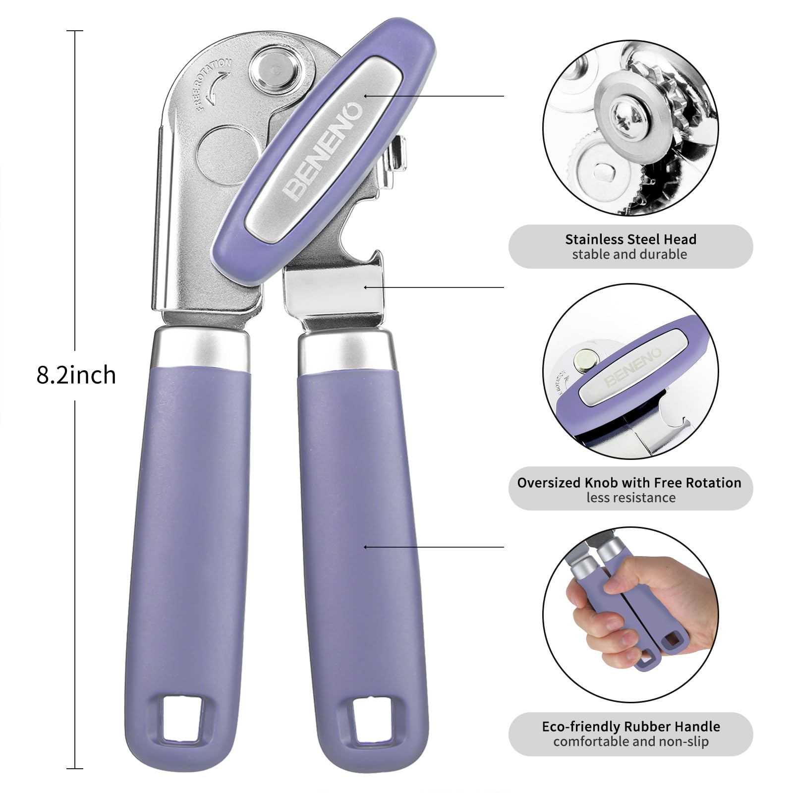 Beneno Heavy Duty Hand Can Opener Manual with Magnet, Durable Sharp Carbon Steel Blade Smooth Cutting, Big Effort-Saving Knob & Soft Grip Handle, Multifunctional Kitchen Tool with Bottle Opener, Green