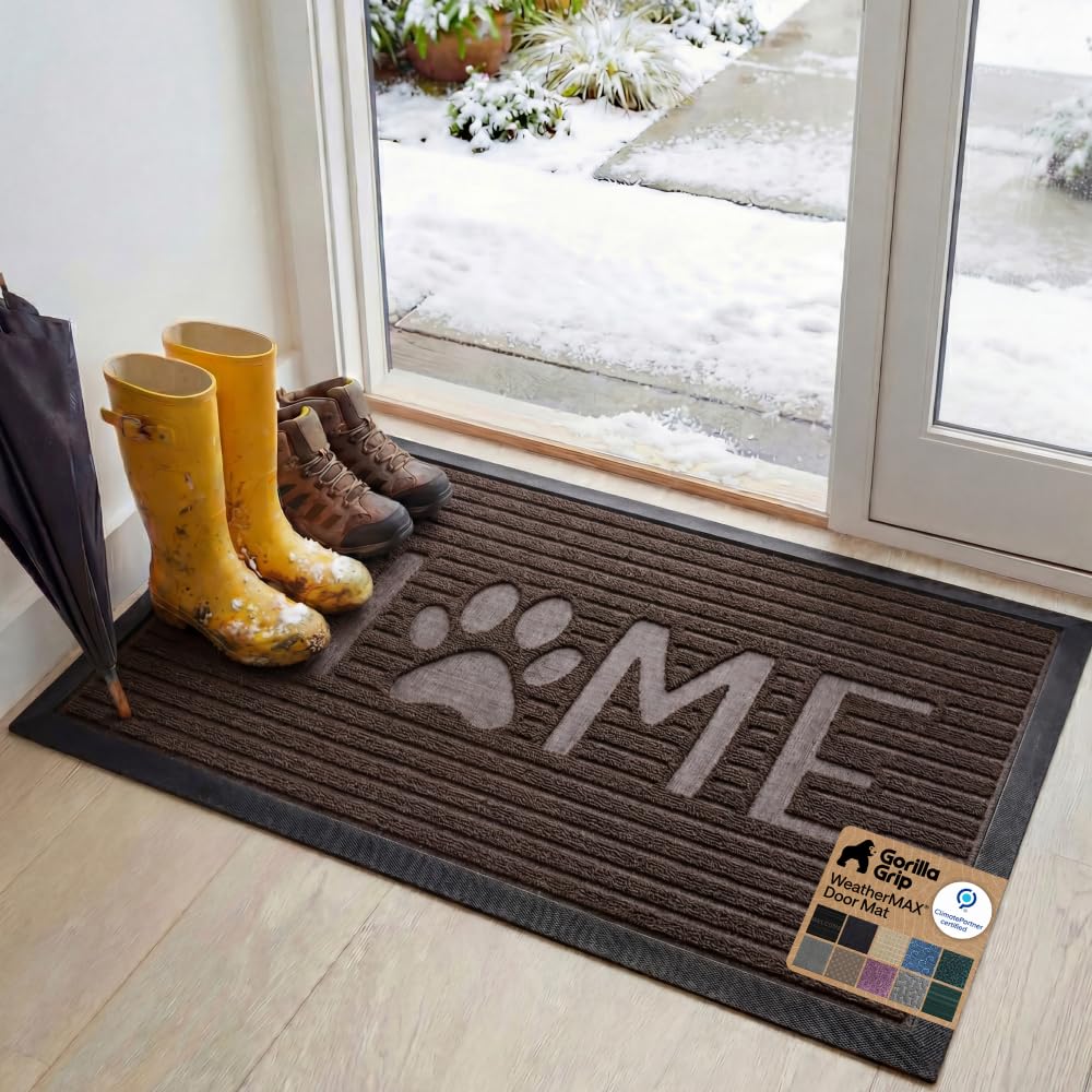GORILLA GRIP 100% Waterproof All-Season WeatherMAX Doormat US Designed Natural Rubber, Stain Fade Resistant, Low Profile Indoor Outdoor Front Door Mats Outside Entrance, Easy Clean 29x17 Gray Diamond