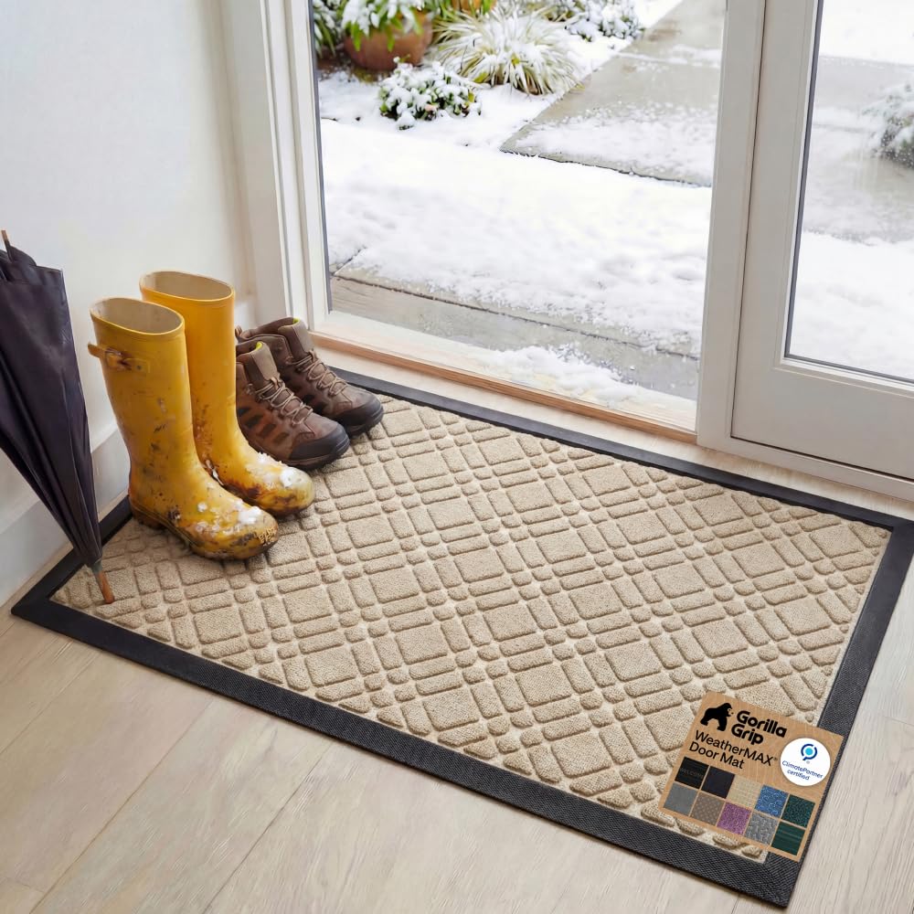GORILLA GRIP 100% Waterproof All-Season WeatherMAX Doormat US Designed Natural Rubber, Stain Fade Resistant, Low Profile Indoor Outdoor Front Door Mats Outside Entrance, Easy Clean 29x17 Gray Diamond
