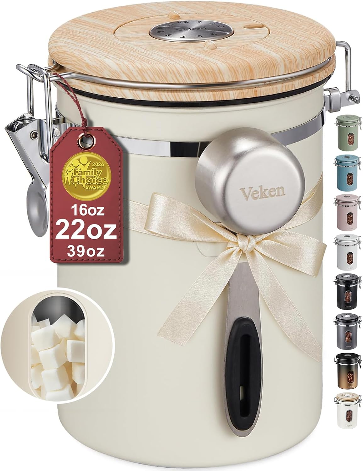 Veken Coffee Canister with Window,Airtight Stainless Steel Kitchen Food Storage Container, Date Tracker & Scoop for Grounds Coffee, Beans, Tea,Flour,Cereal,Sugar,22OZ,Copper