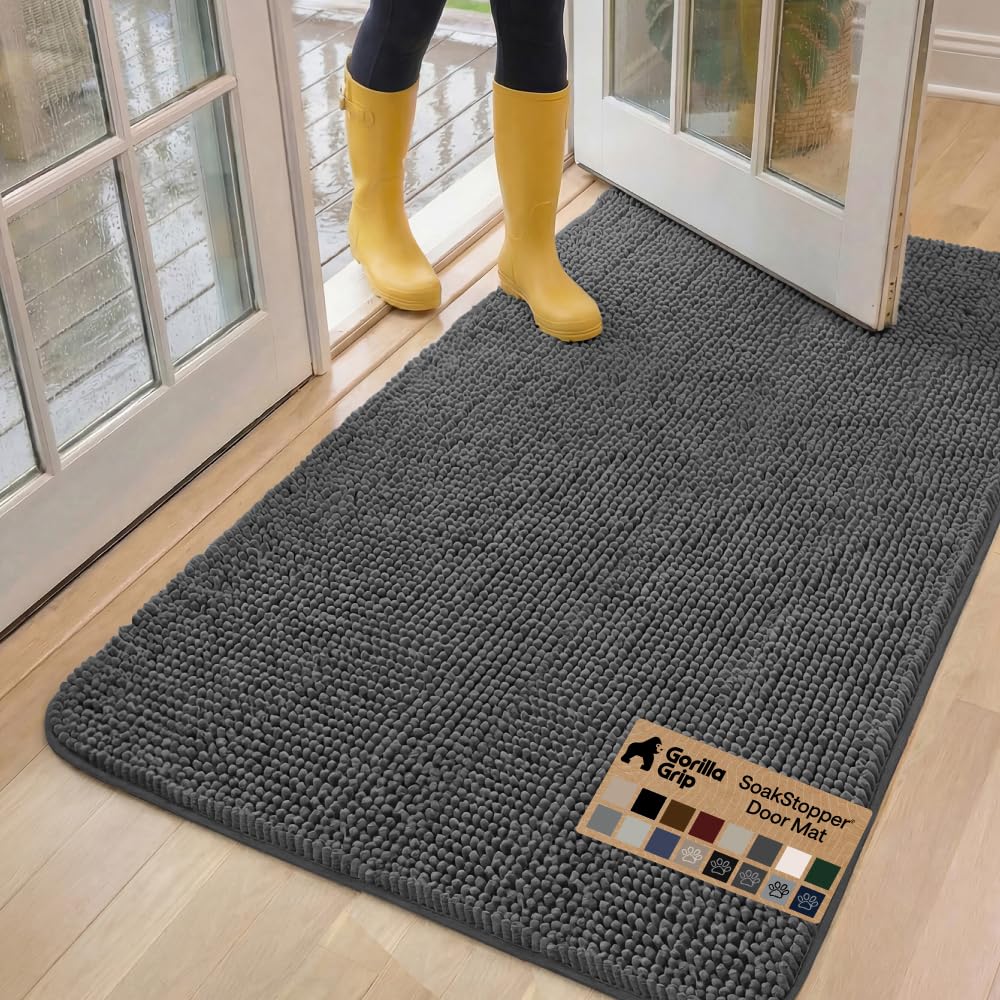 GORILLA GRIP SoakSTOPPER Dog Door Mat, Machine Washable Rug Absorbent Doormat Captures Moisture Mud Dirt, Quick Dry Soft Chenille Entryway Rugs Indoor Entrance Mats for Dog Paws, 24x17 Grey