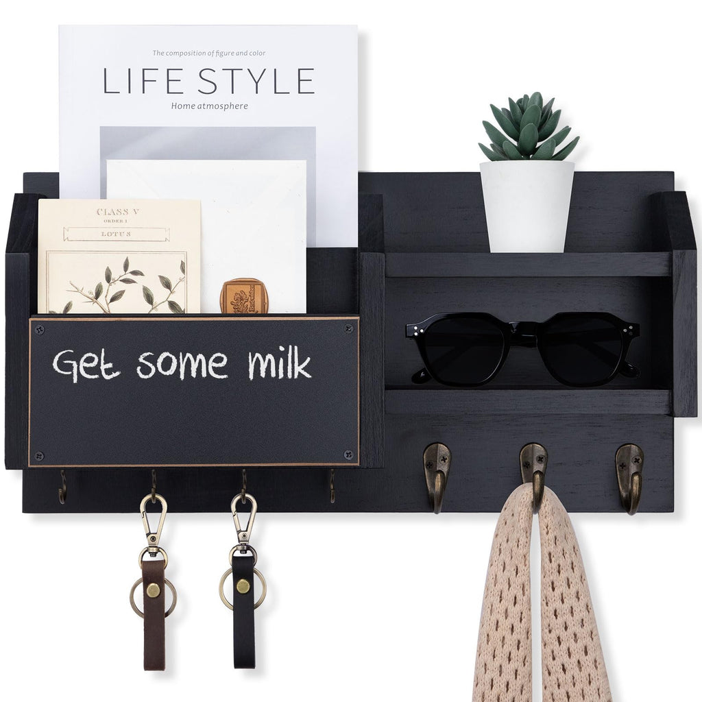Mail and Key Holder – Wall Mount Key Hanger with Shelf and 7 Metal Hooks – Decorative Natural Paulownia Wood Entryway Organizer with Mounting Hardware (16.5”W x 8.7”H x 3.5”D) (Brown)