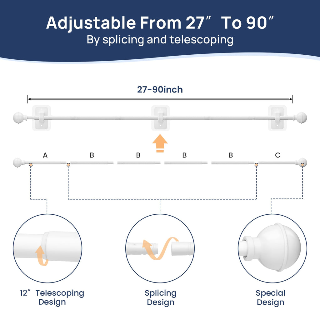 ENJOYBASICS No Drill Curtain Rods for Window 28 to 47 Inches, 5/8 Inch Diameter Renter Friendly Drapery Rod with Adhesive Brackets without Drilling, Adjustable from 27 to 52 Inches, Black