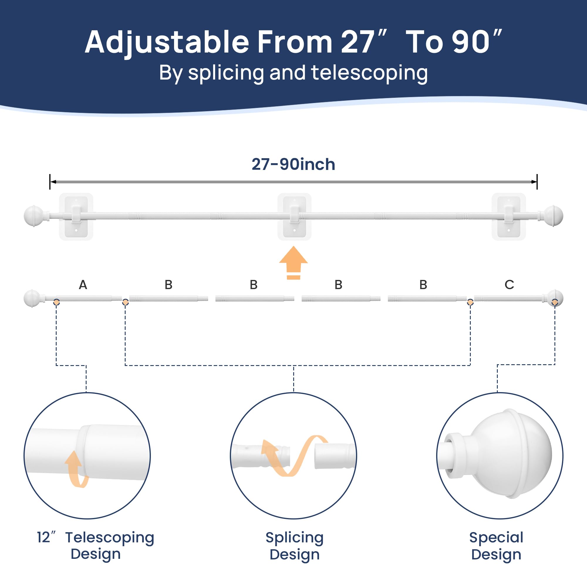 ENJOYBASICS No Drill Curtain Rods for Window 28 to 47 Inches, 5/8 Inch Diameter Renter Friendly Drapery Rod with Adhesive Brackets without Drilling, Adjustable from 27 to 52 Inches, Black