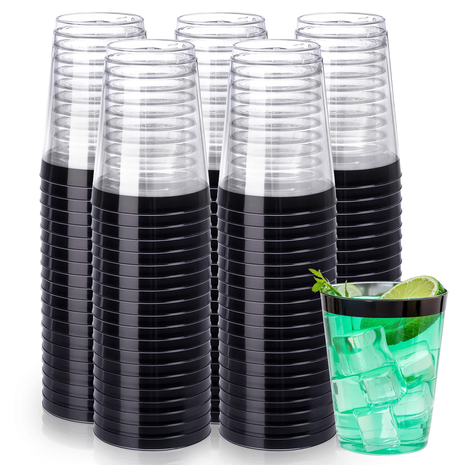 DaYammi 200 Pack Gold Plastic Cups 10 Oz Clear Cup Gold Rimmed Disposable Wine Glasses Fancy Disposable Party Cups Tumblers Drinking Cup Plastic Cocktail Glasses gold disposable cups for Party Wedding
