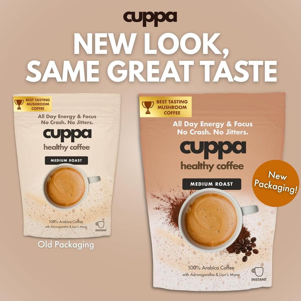 Cuppa Medium Roast Mushroom Coffee with Adaptogens & Superfoods - Lion’s Mane, Ashwagandha & Cordyceps. Adaptogens + MCT to support natural energy, mental focus & gut health (30 Servings)