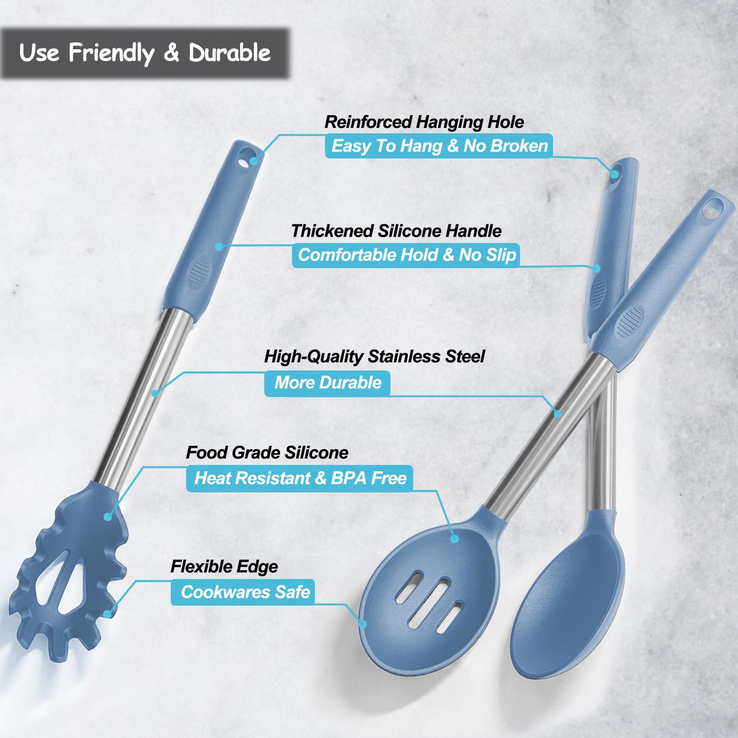 Silicone Spatula and Cooking Spoon,5 Pack Non-Stick Cooking Utensils for Kitchen，Heat Resistant Solid & Slotted Spoons and Spatulas, Stainless Steel Handle Coated with Silicone,Black