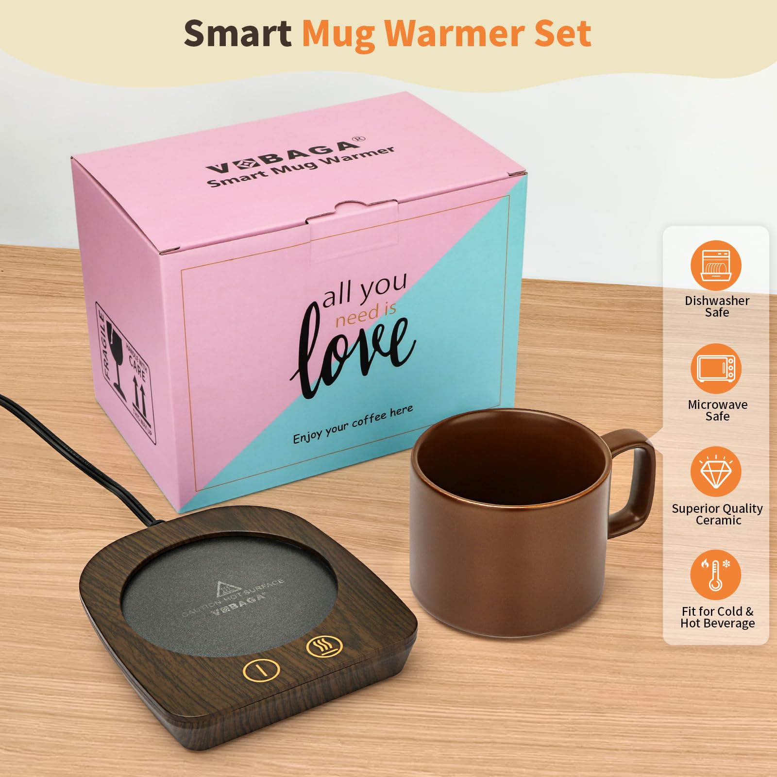 VOBAGA Imitation Wood Grain Coffee Cup Warmer & Mug Warmer for Desk, Electric Coffee Warmer Plate with 3-Temp Settings for Tea, Cocoa, Milk with Auto Shut Off After 4 Hours, Coffee Gifts for Women Men