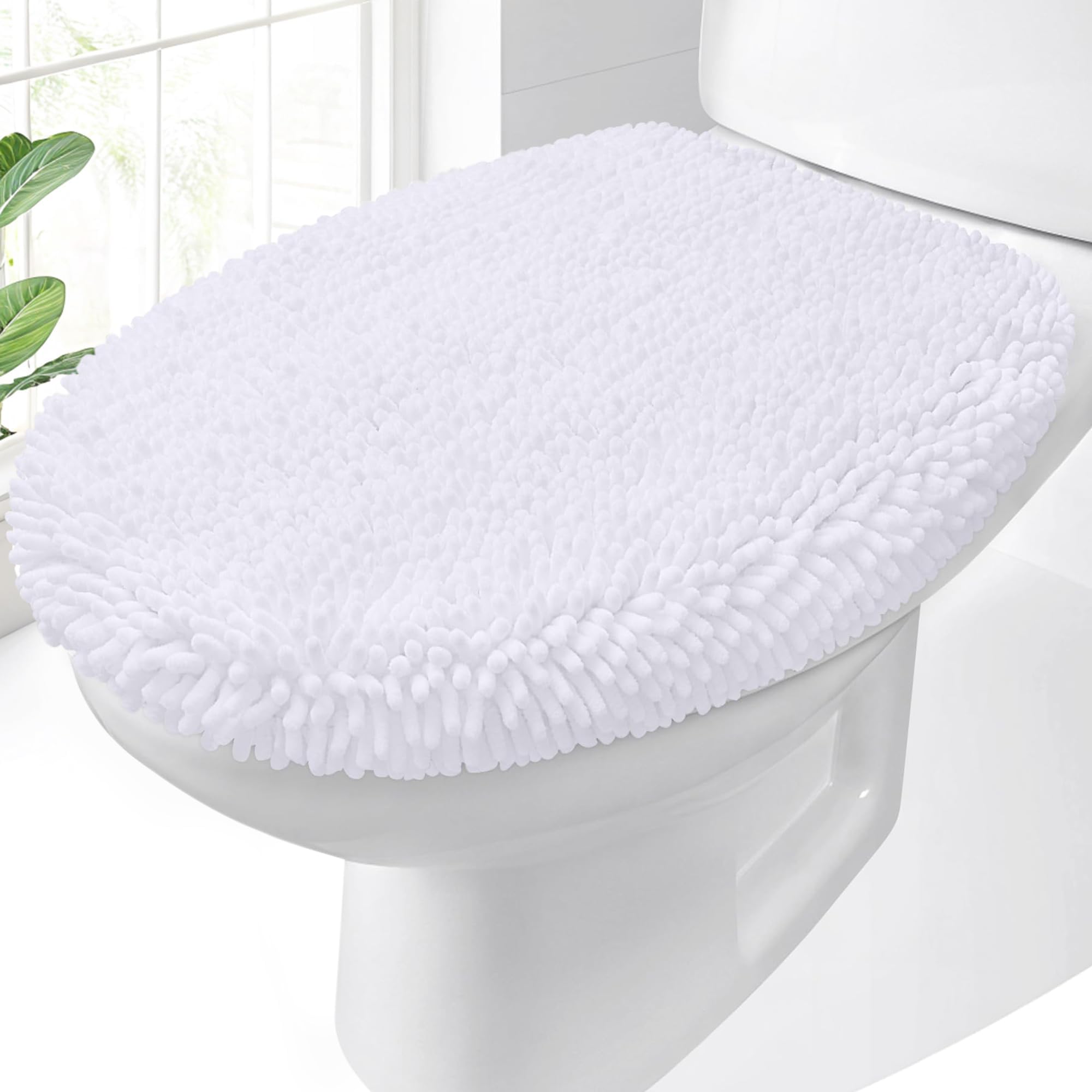 OLANLY Soft Chenille Bathroom Toilet Lid Cover, Machine Washable Seat Covers, 17.5x15, Stays in Place Rubber Backing, Fits Most Round, Elongated and Oblong Lids, Accessories Decor, Gray