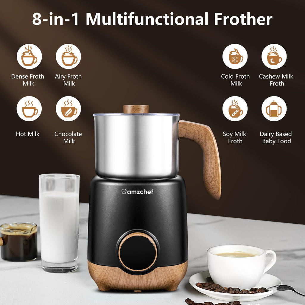 AMZCHEF 8-IN-1 Milk Frother and Steamer 21 oz, 550 Watts Split Stainless Steel Automatic Steamer, Milk's Warmer for Latte, Cappuccino, Hot Chocolate, Hot&Cold Froth, Heated Milk, Baby Food Wood&Black