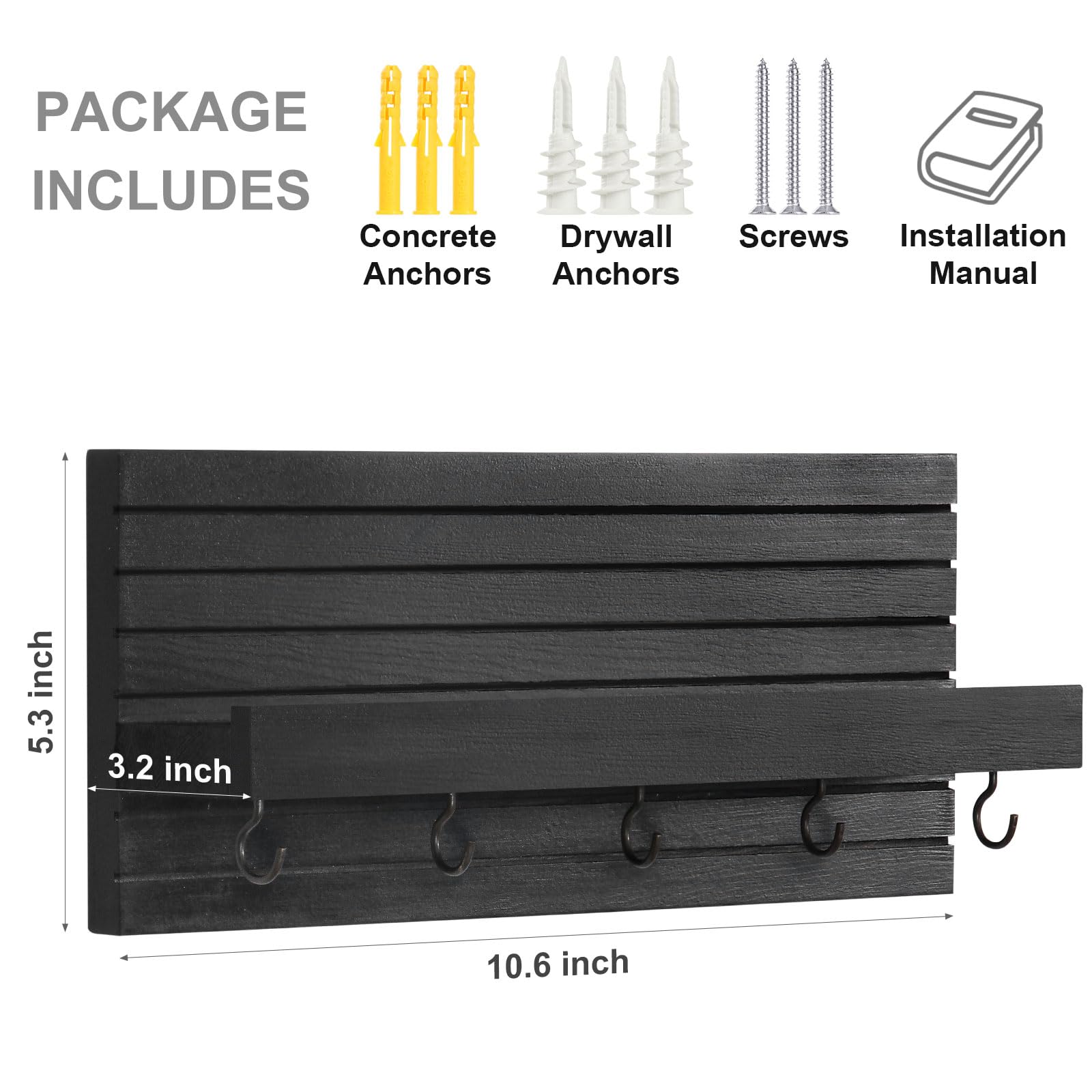 Decorative Key Holder for Wall with Shelf, Entryway Shelf with Hooks Holds Leashes, Jackets and Glasses – Sturdy Wood Keyholder Entrance Hanger with Mounting Hardware (Black, Medium)